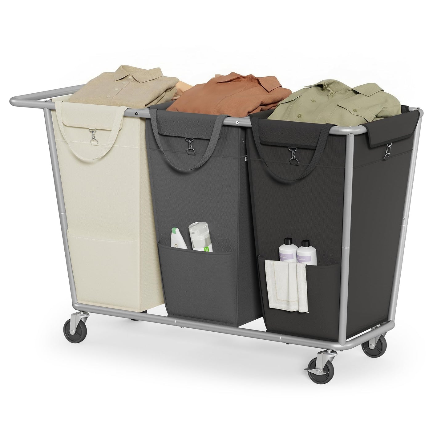 SONGMICS Laundry Basket with Wheels, 3-Section Laundry Sorter, 76.6 Gallons (290 L) Rolling Hamper with Removable Bags, Heavy-Duty Steel Frame, Cream White, Dark Gray and Ink Black URLS010X01