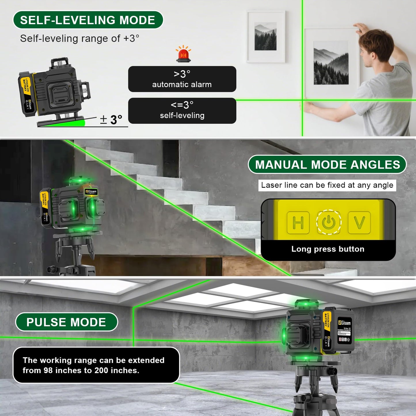 Gisam Laser Level with Tripod- 360° Rotating Window, Lazer Leveler Tool with Pulse Mode, 4D 16-Line Self Leveling Green Lazer Level with 2 * 4800mAh Batteries for Construction Tiling Home Renovation