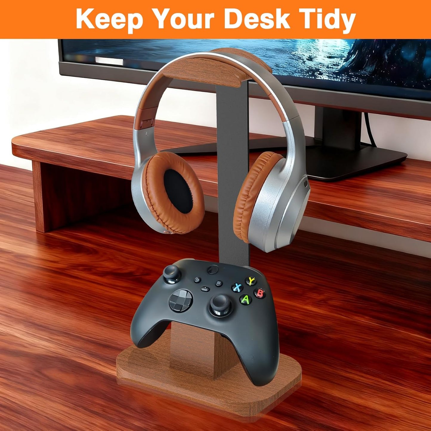 Moginno Headset Walnut Headphone and Controller Stand, Desk Gaming Equipment Wooden Controller Holder, Earphone Hook