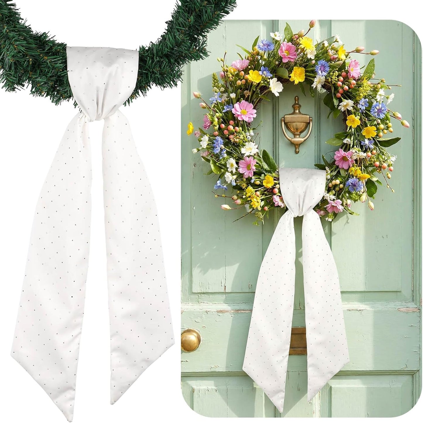 YKW White Rhinestone Wreath Sash - 54x5 Inch Sparkle Ribbon for Christmas & Wedding Decor