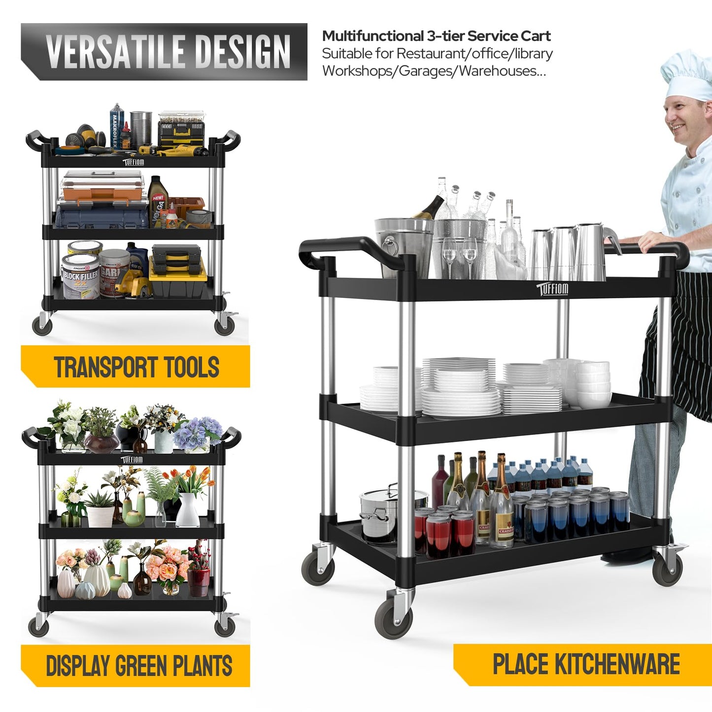 TUFFIOM Plastic Service Utility Cart with Wheels,Heavy Duty 450lbs Capacity, 3-Tier Commercial Rolling, Ideal for Restaurant, Foodservice, Office, Warehouse, Black 39.8''L x 19.1''W x 38.4''H