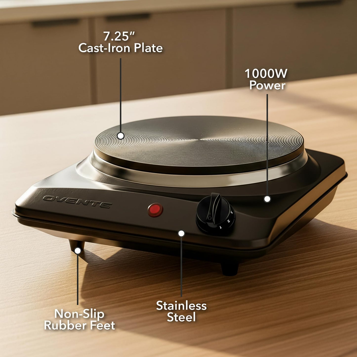 OVENTE Electric Countertop Single Burner, 1000W Cooktop with 7.25 Inch Cast Iron Hot Plate, 5 Level Temperature Control, Compact Cooking Stove and Easy to Clean Stainless Steel Base, Black BGS101B