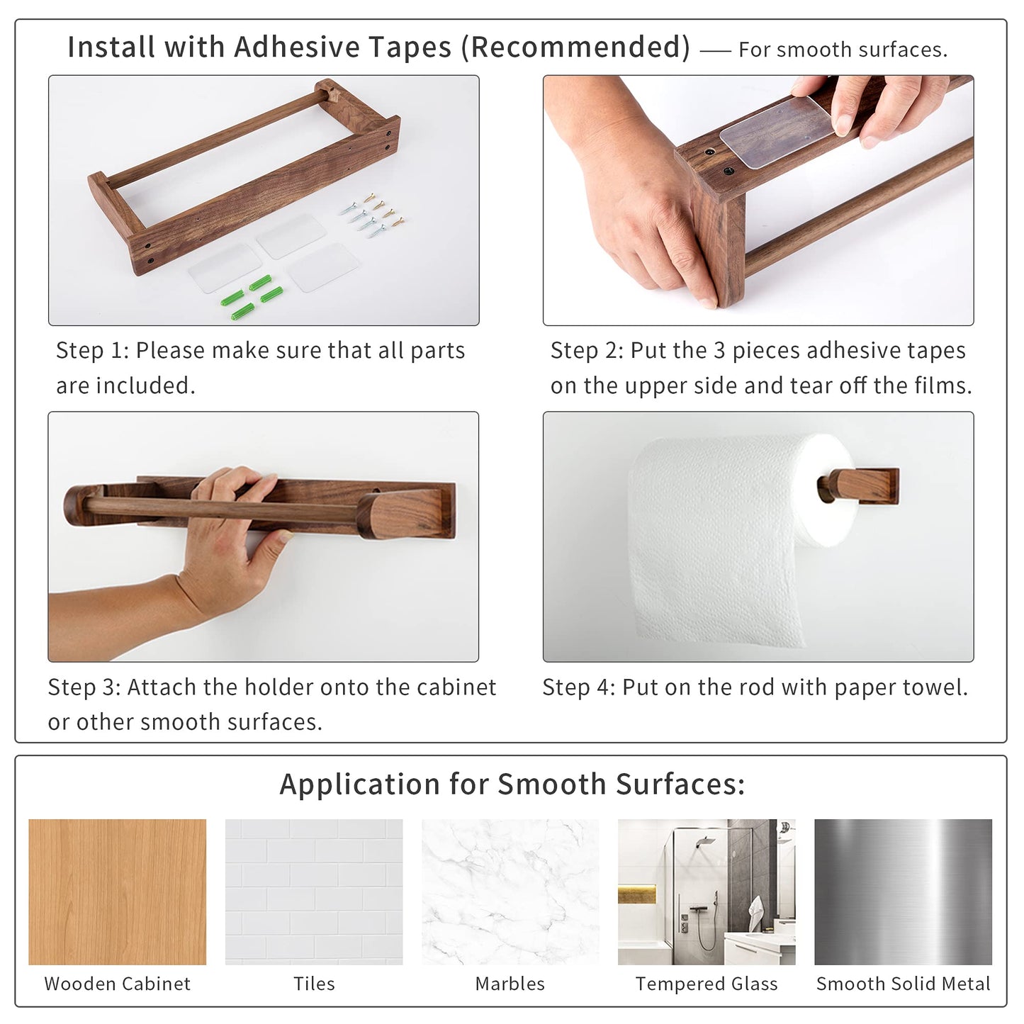 Wood-Paper-Towel-Holder-Under-Cabinet-Kitchen-Handmade - Wall Mounted/Adhesive No Drill Sturdy Roll Hanging Organizer, Horizontal Papertowel Dispenser Easytear, Handcraft Decor Gift Real Woodwork Home