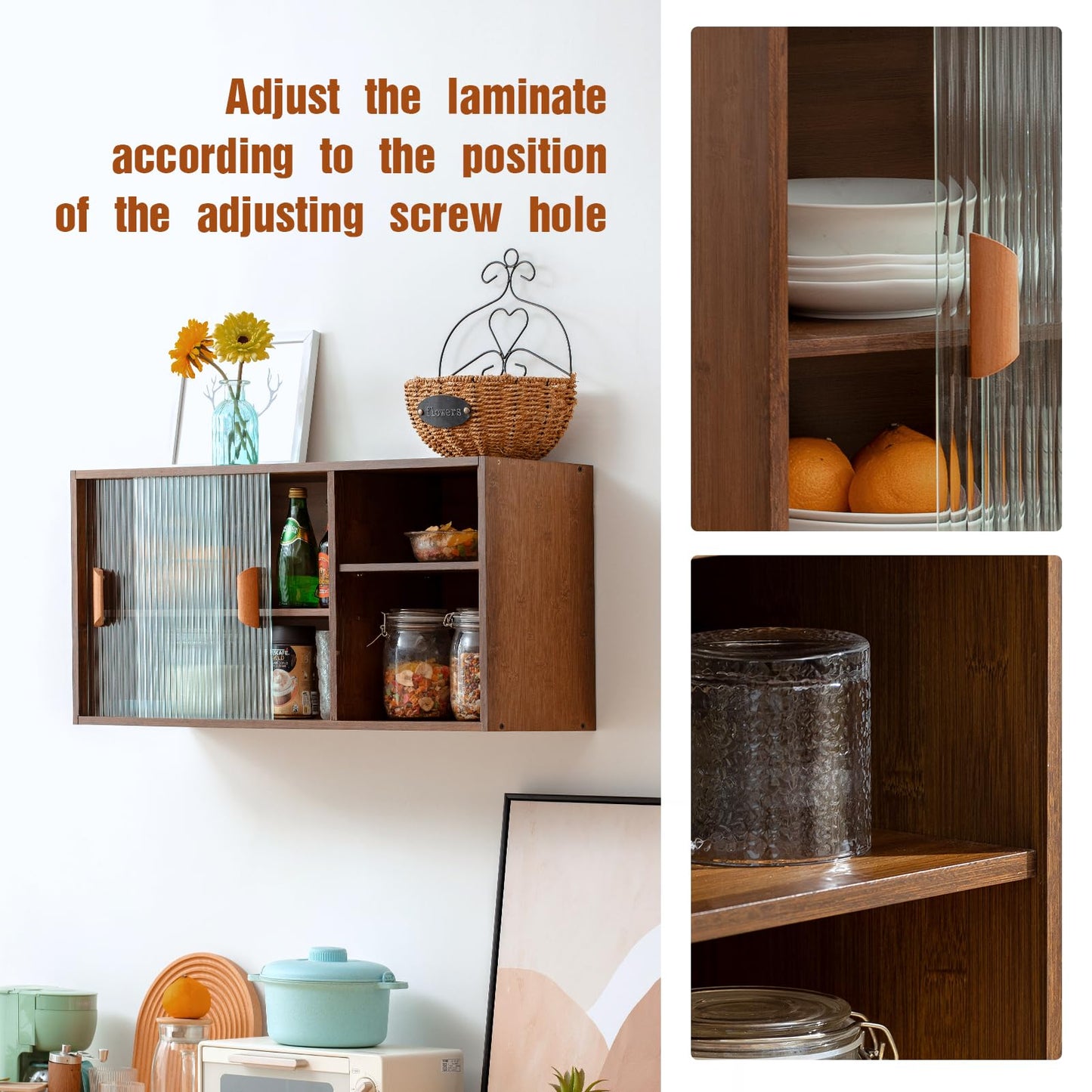 HollyHOME Bamboo Wall Mounted Kitchen Sideboard with 2 Glass Doors and Adjustable Shelves, Freestanding Wall Storage Cabinet with Side Shelf for Bottle, Dish, Bowl, Console Dining Cupboard, Walnut