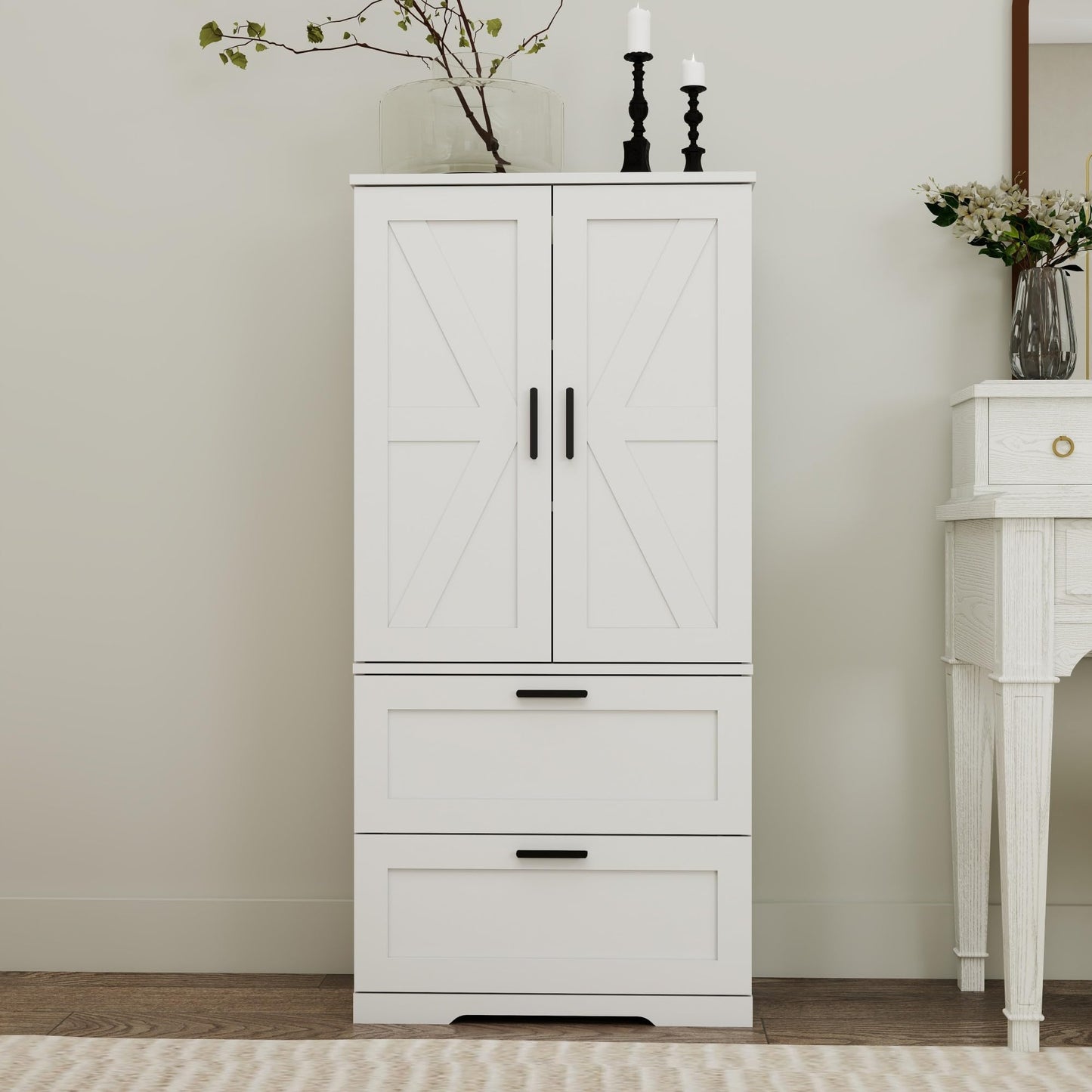 2 Door Tall Kitchen Pantry Storage, Collection Food Free Standing Wooden Storage Cabinet with 2 Drawers and Adjustable Shelves, Modern Farmhouse Versatile Storage for Kitchen, Dining Room (White)
