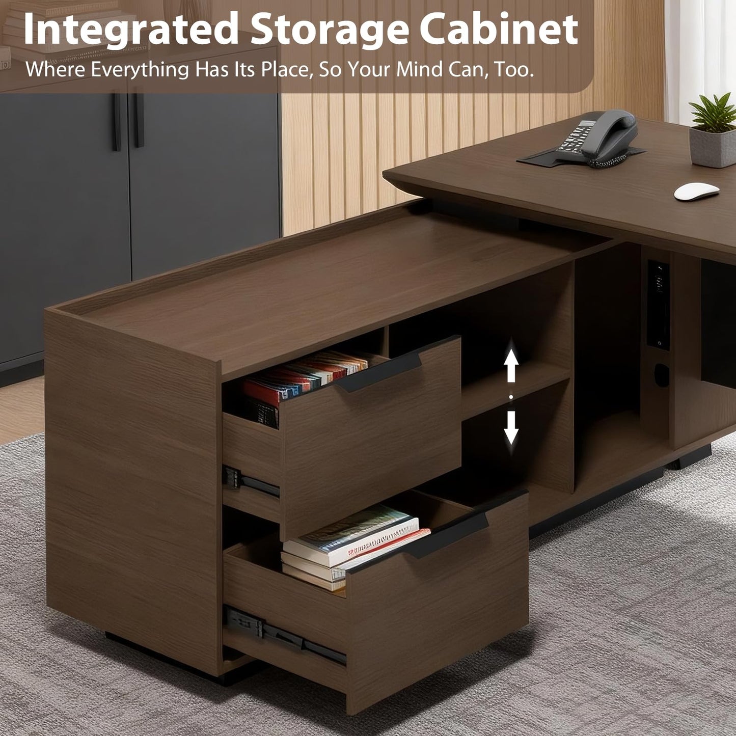 SAINTCY L Shaped Executive Office Desk with Power Hub, Large Office Desk with Storage Cabinet & Printer Station, 35.4" Deep Home Office Desk Workstation, 70.9" or 78.7" Workstation (Right)