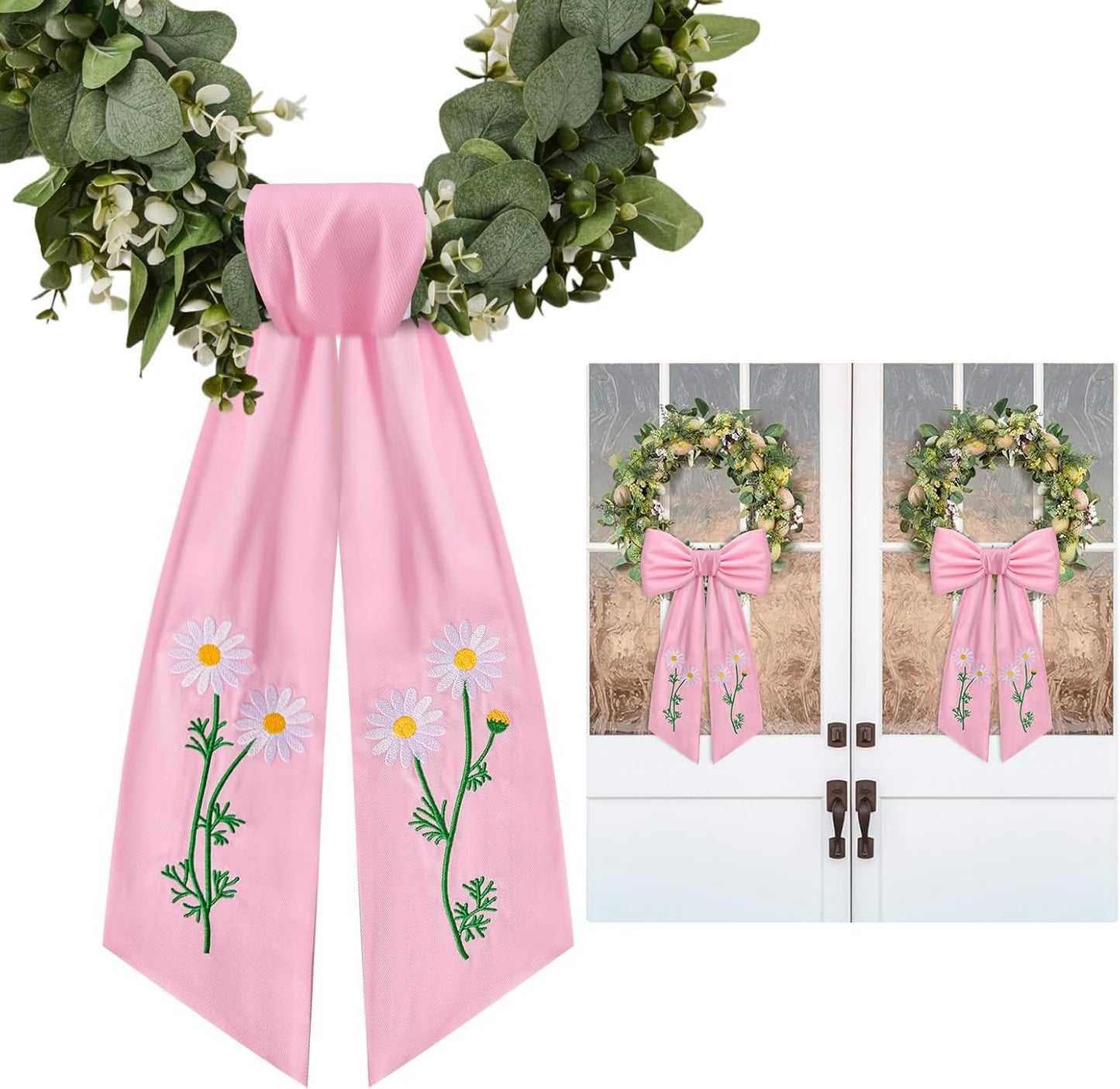 Regine Switzerland 2-Pack Daisy Floral Wreath Sash - Embroidered Spring Ribbon Decor for Front Door (Pink)