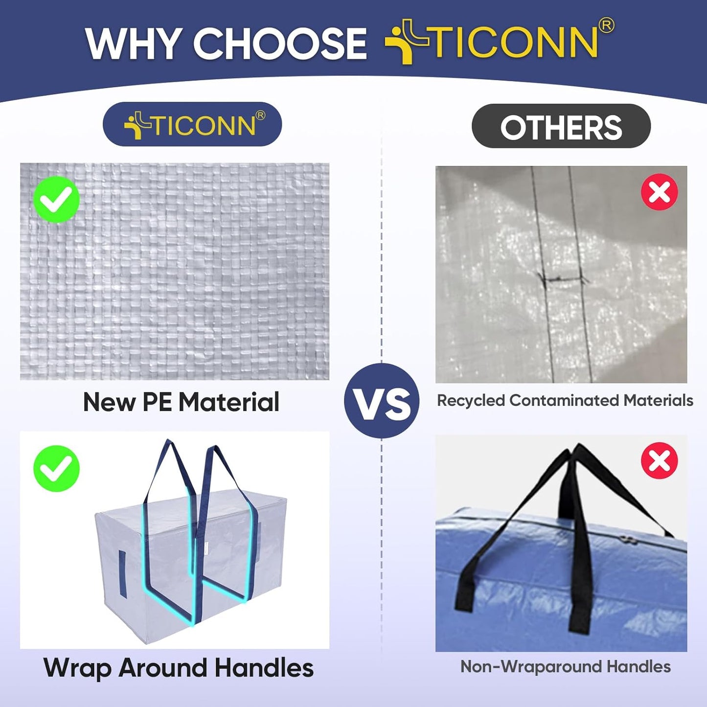 TICONN Extra Large Heavy-Duty Moving Bags - Durable Storage with Zippers & Handles | 4 Pack, Navy