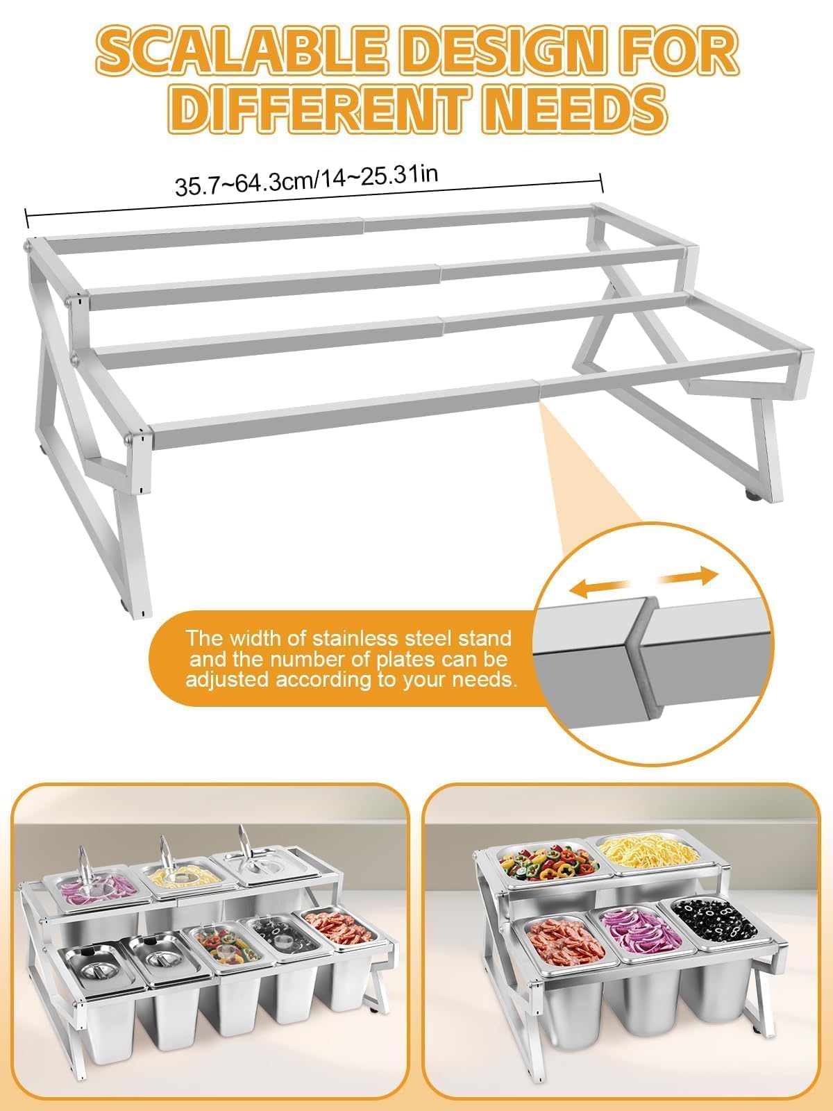Kalolary 8 Pans Pizza Topping Storage Station, 2 Row Adjustable Stainless Steel Condiment Containers with Lids Spoons Ice Food Serving Display Container Salad Bar Buffet Station for Home Kitchen
