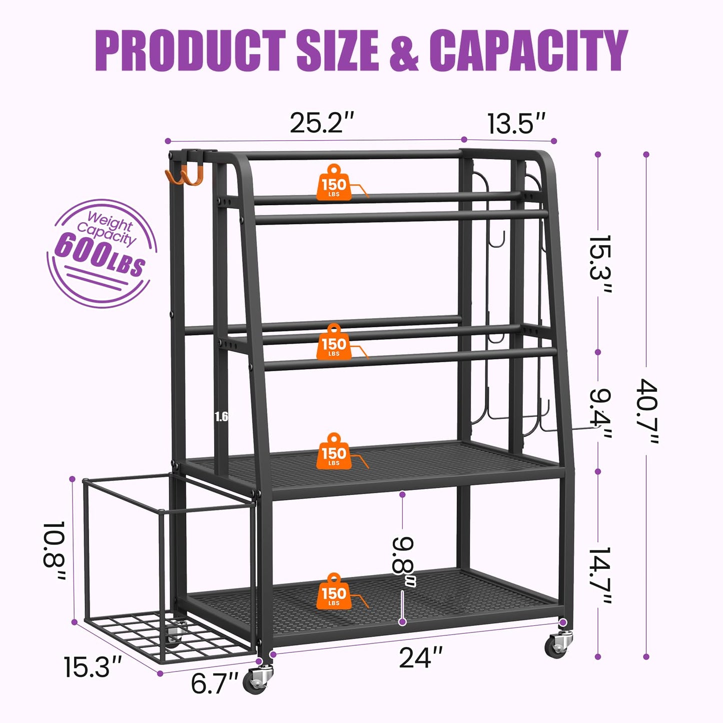 VOPEAK Dumbbell Rack for Home Gym, Adjustable Weight Rack Stand with Wheels, Heavy Duty Steel Storage Organizer for Dumbbells Kettlebells Yoga Mat, with Locking Casters & Side Hooks