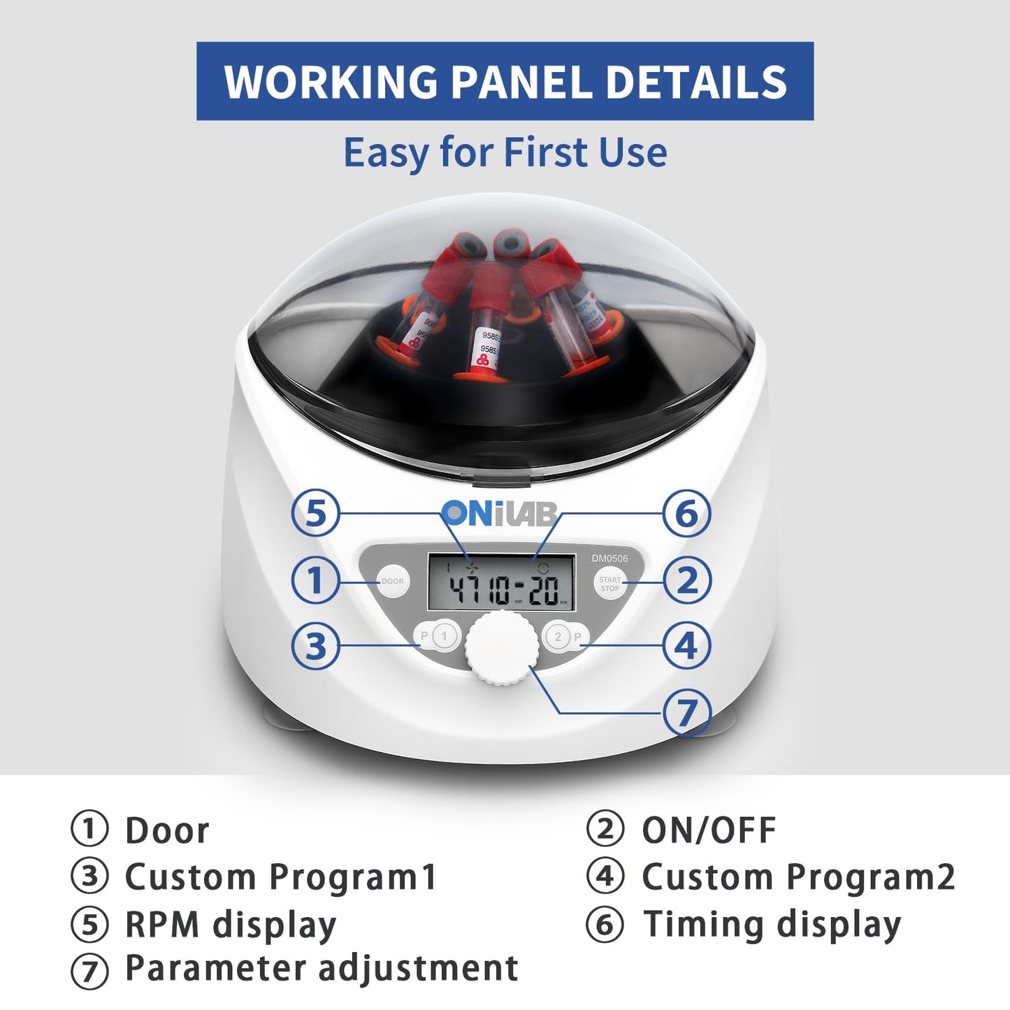 ONiLAB Lab PRP Benchtop Centrifuge 6x15mL/10mL/7mL/1.5-5ml, 300-5000rpm(Max. 2600xg RCF),LCD Digital Desktop Lab Centrifuge Timer 30sec-99min, Two Quick Start Programs