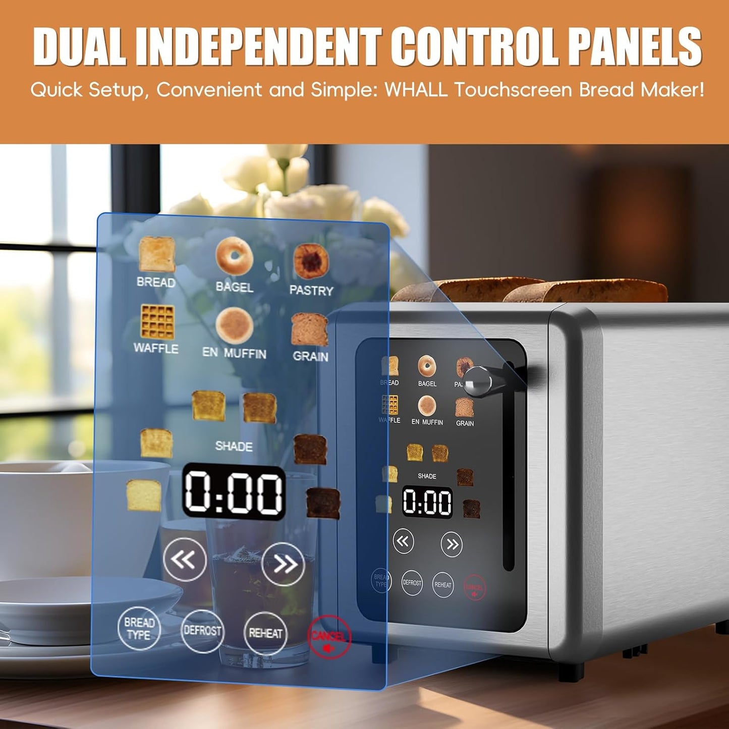WHALL® Touch Screen Toaster - 2 Slice Stainless Steel with Digital Timer & 6 Shade Settings | Extra Wide Slots