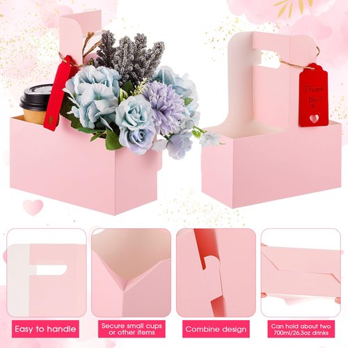 MotiMind 20 Pack 2 Cup Drink Carrier with Handle Kraft Paperboard Cup Holder Portable for Mother's Day Teachers' Day for Hot Cold Drinks Coffee Caddy with Heart Card Rope (Pink)