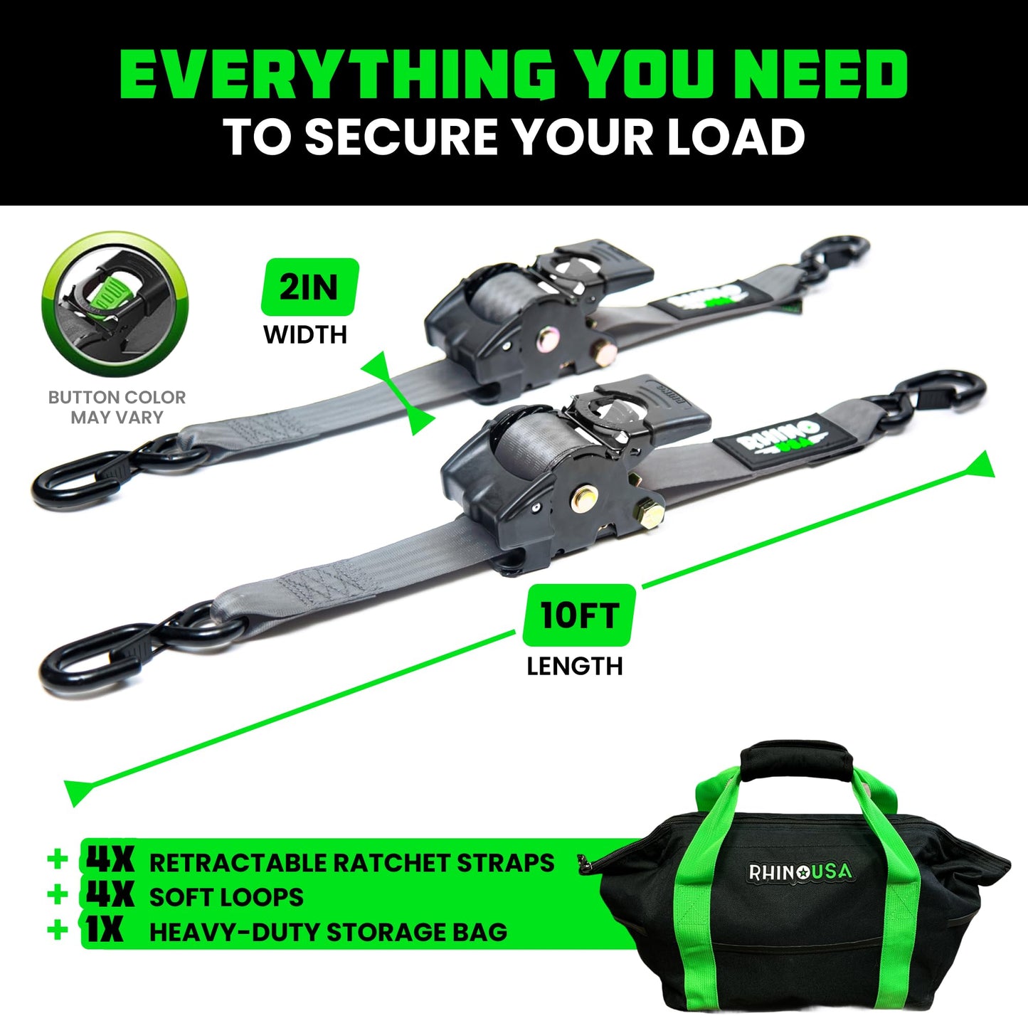 Rhino USA Retractable Ratchet Straps (4-Pack) - 2 Inch x 10 Feet (3,033lb Break Strength) - Heavy Duty Auto Self Retracting Tie Down Straps for Truck, Cargo Trailer, Motorcycle, Rad & More - Gray