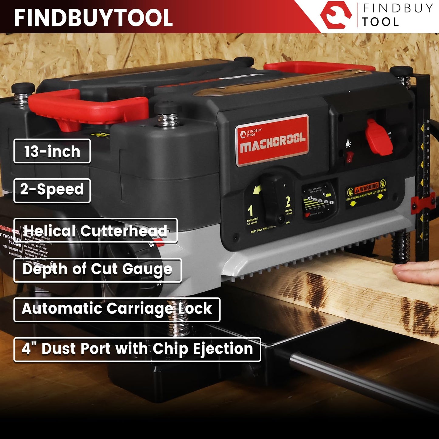 FINDBUYTOOL 13-Inch Thickness Planer with Helical Cutterhead - 2.5HP Motor, 2-Speed (21/12 FPM), 40 Carbide Inserts, Precision Depth Adjustment, Dust Port, LED Light- Professional Woodworking Tool