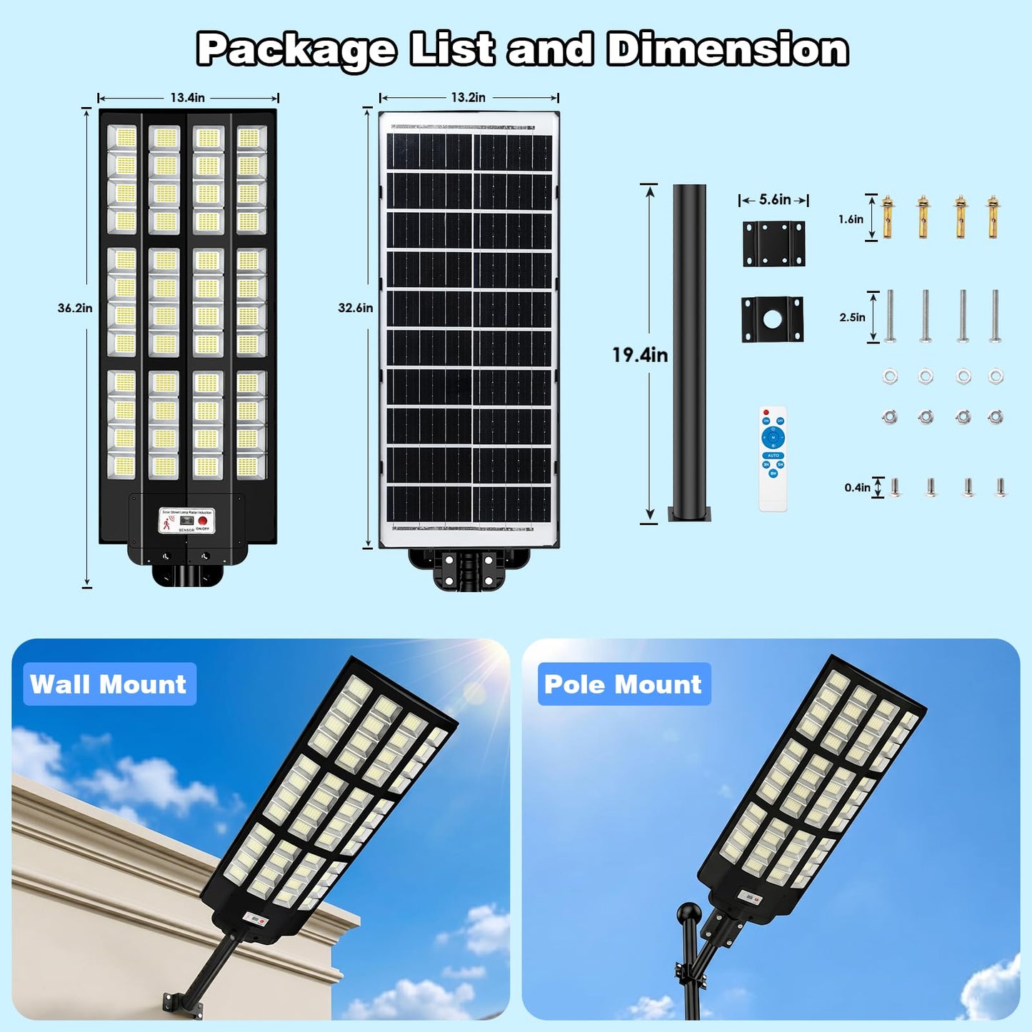 MOXNICE Solar Street Lights, 13000W Solar Lights Outdoor, 7500K Daylight Motion Sensor Security Light with Remote, IP67 Waterproof Dusk to Dawn LED Flood Light for Parking Lot, Yard, Driveway, Garden