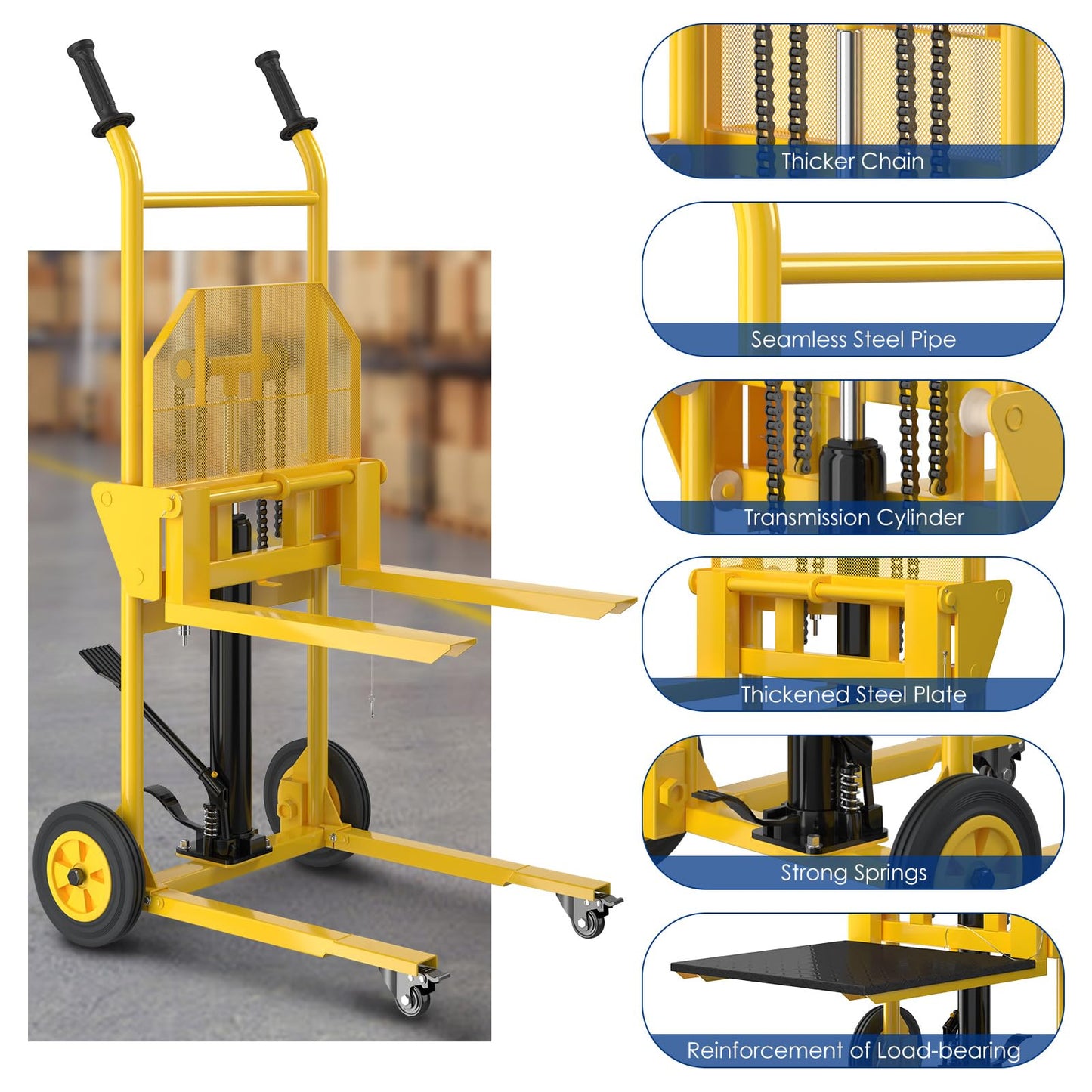 Hydraulic Material Lift,550lbs Lift Dolly,Upgraded Baffle Pallet Lift,37.4” Max Lift with Front Universal Wheels and 9" Polyurethane Wheels, 18.5" Fork Length, Hand Forklift, Steel Platform x 1