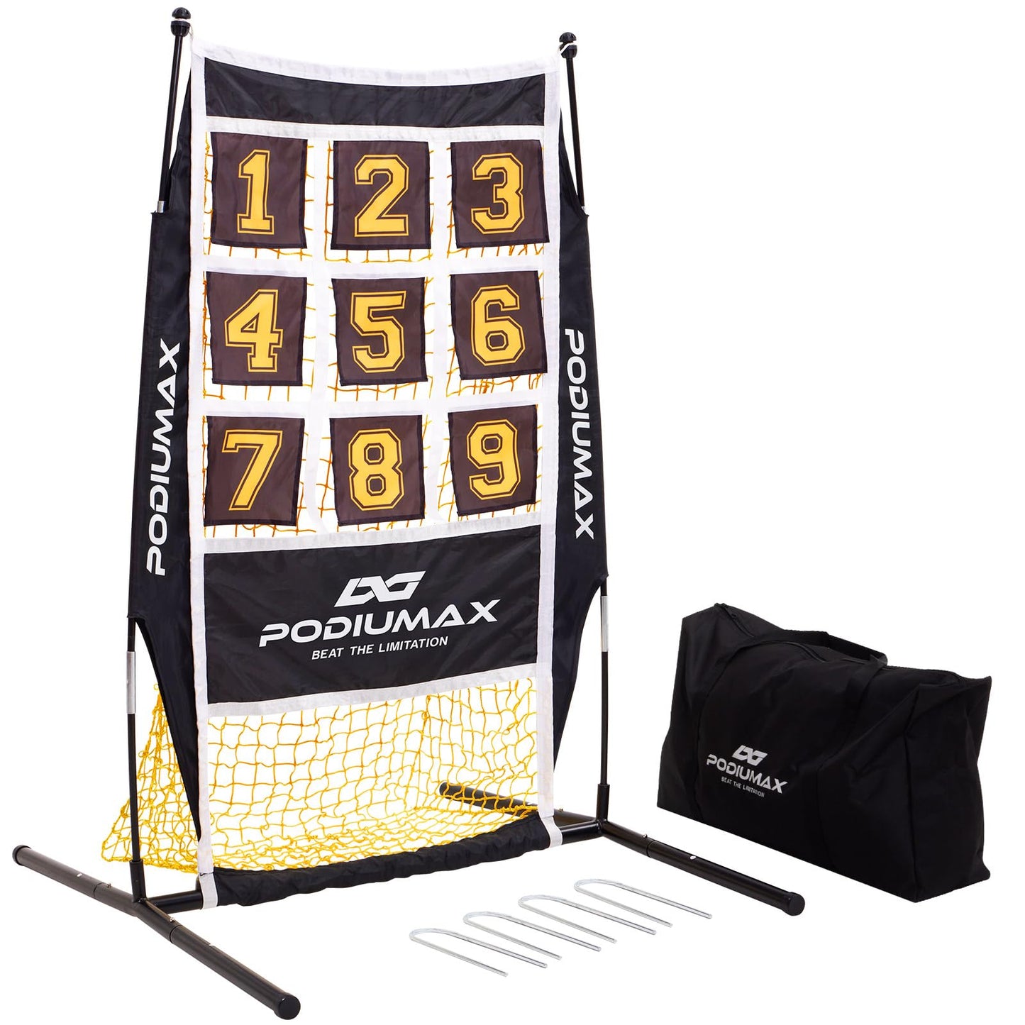 PodiuMax Baseball & Softball Pitching Net, 9 Hole Target Net with Strike Zone, Large Ball Collection System, Solo Practice for Backyard Park Field, Portable Baseball Throwing Trainer with Carry Bag