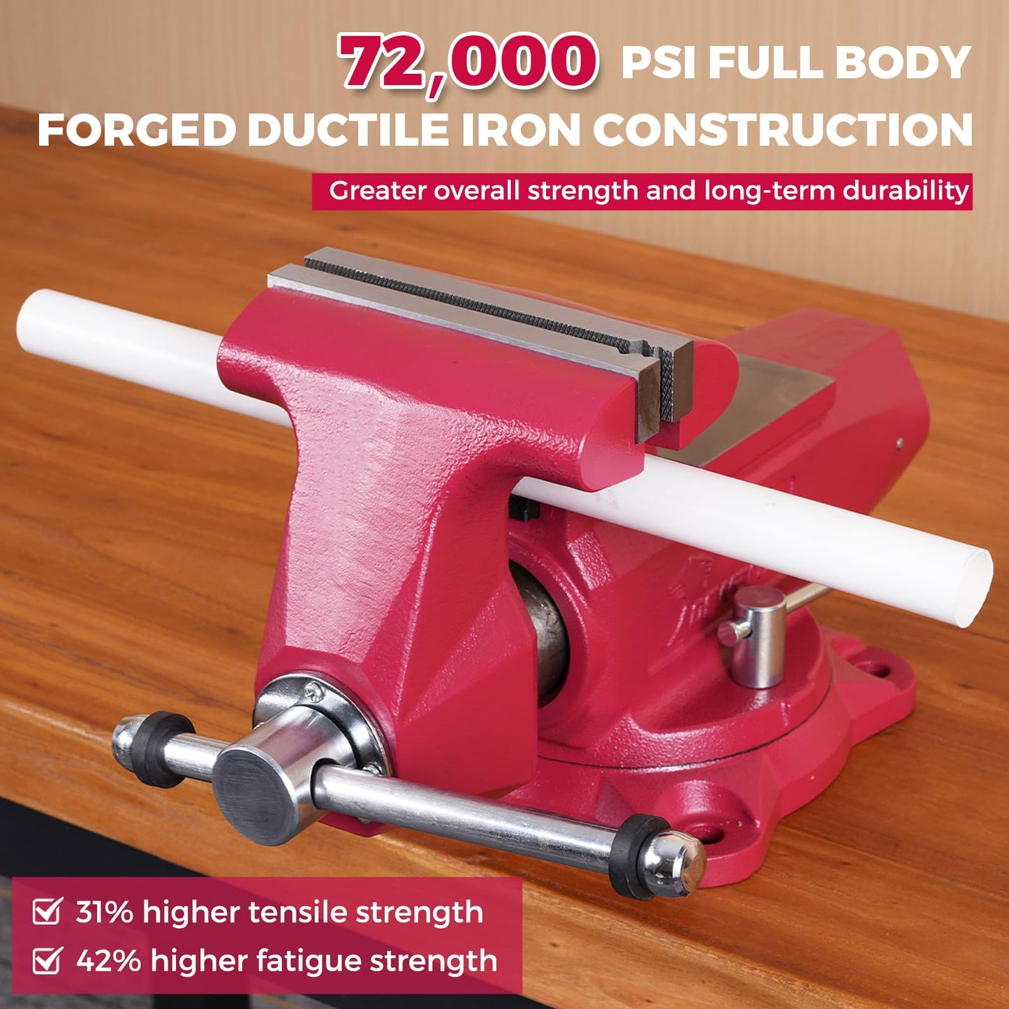 Forward Round Bench Vise 6 Inch Heavy Duty, 1760 Economic Industrial Vice with 360° Swivel Base, 6" Jaw Width, 7" Max Jaw Opening, 4" Throat Depth 72,000PSI Ductile Iron