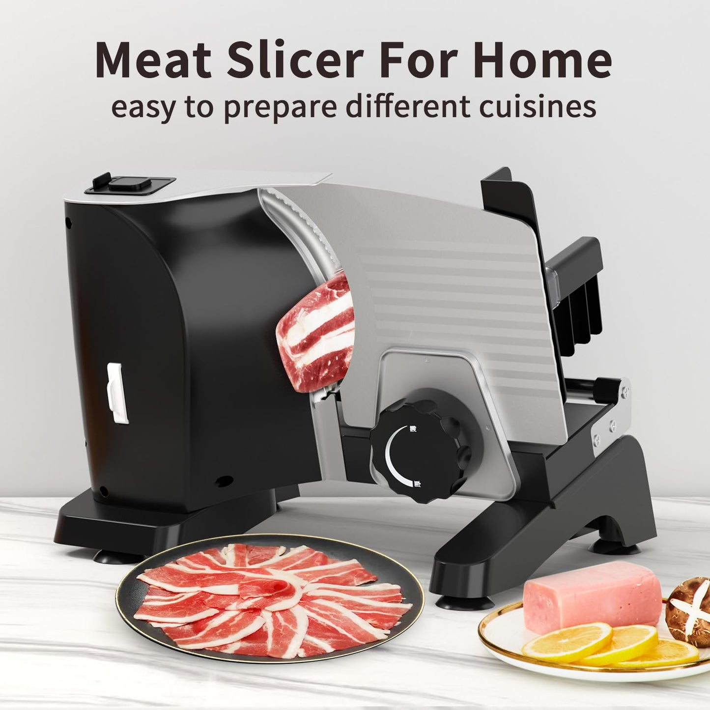 TERUISI Electric Meat Slicer, 200W Deli Slicer with 2 Stainless Steel 7.5" Blades, 0-18mm Adjustable Thickness, Food Slicer Machine with Food Tray, Towel for Home, Bacon, Bread, Jerky, 110V Ham Slicer