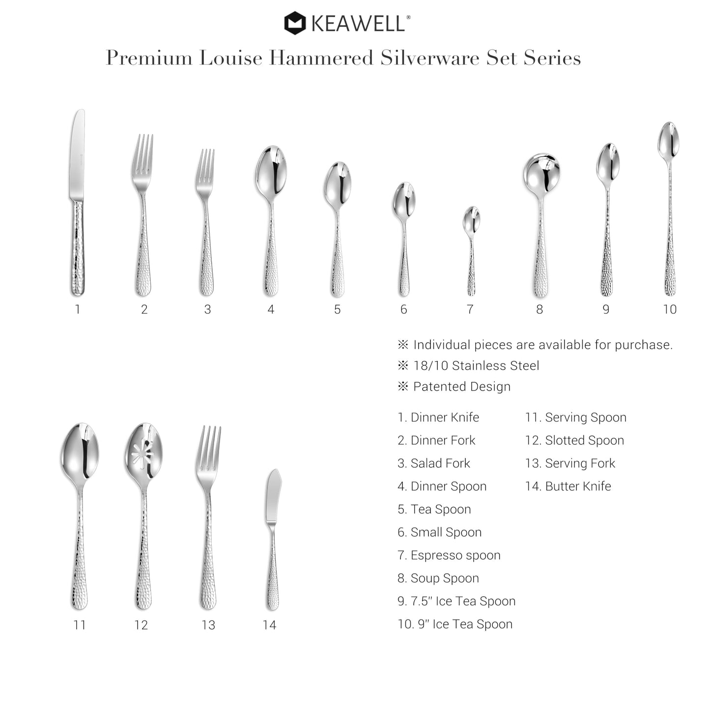 KEAWELL Premium Louise Hammered Long Handle Iced Tea Spoons: 4-Piece/8-Piece Set, 18/10 Stainless Steel, Teaspoons, Coffee Spoons, Brightly Mirror-Polished, Dishwasher Safe (4, 9 inches)