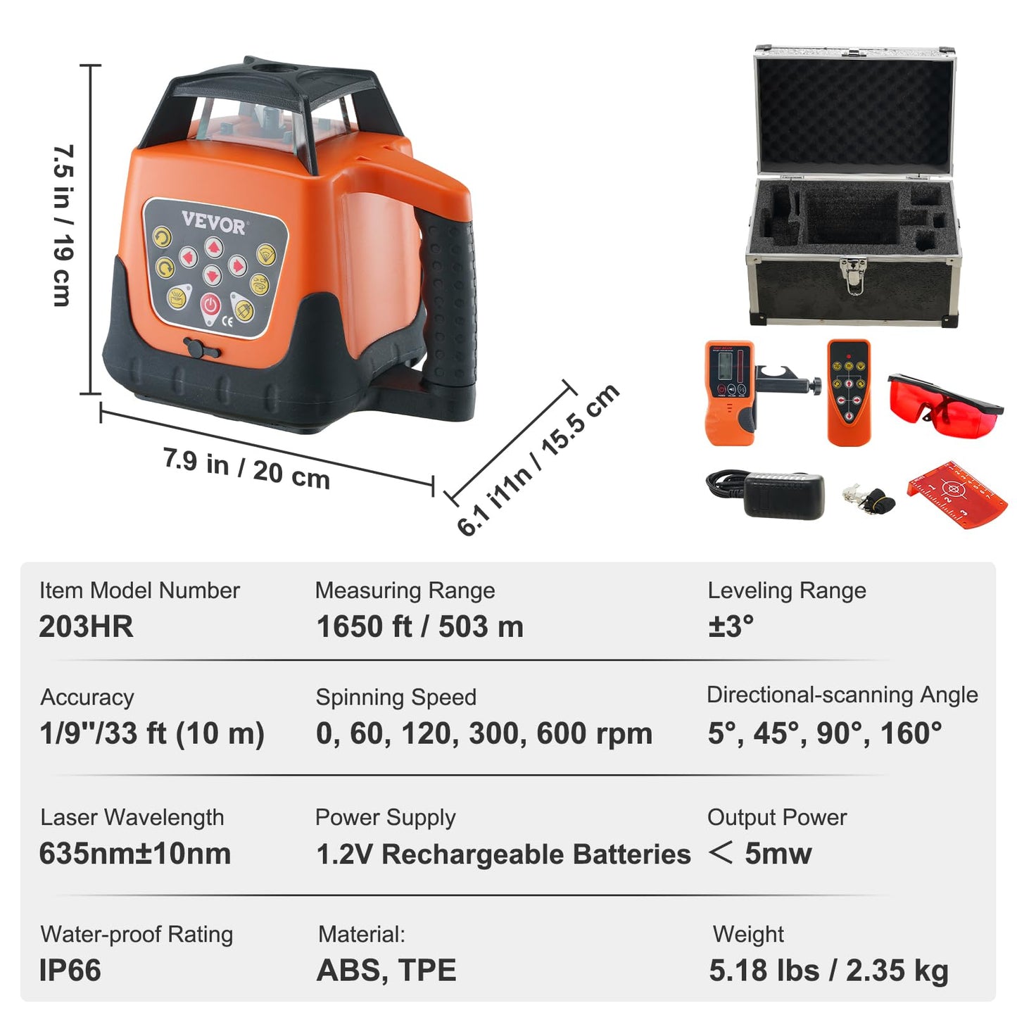 VEVOR Rotary Laser Level 1650ft,360 Degree Self Leveling Red Cross Line Laser,5 Rotation Speeds&4 Scanning Angles Adjustment,IP66 Waterproof Remote Control Manual Self-leveling Mode,Battery Included