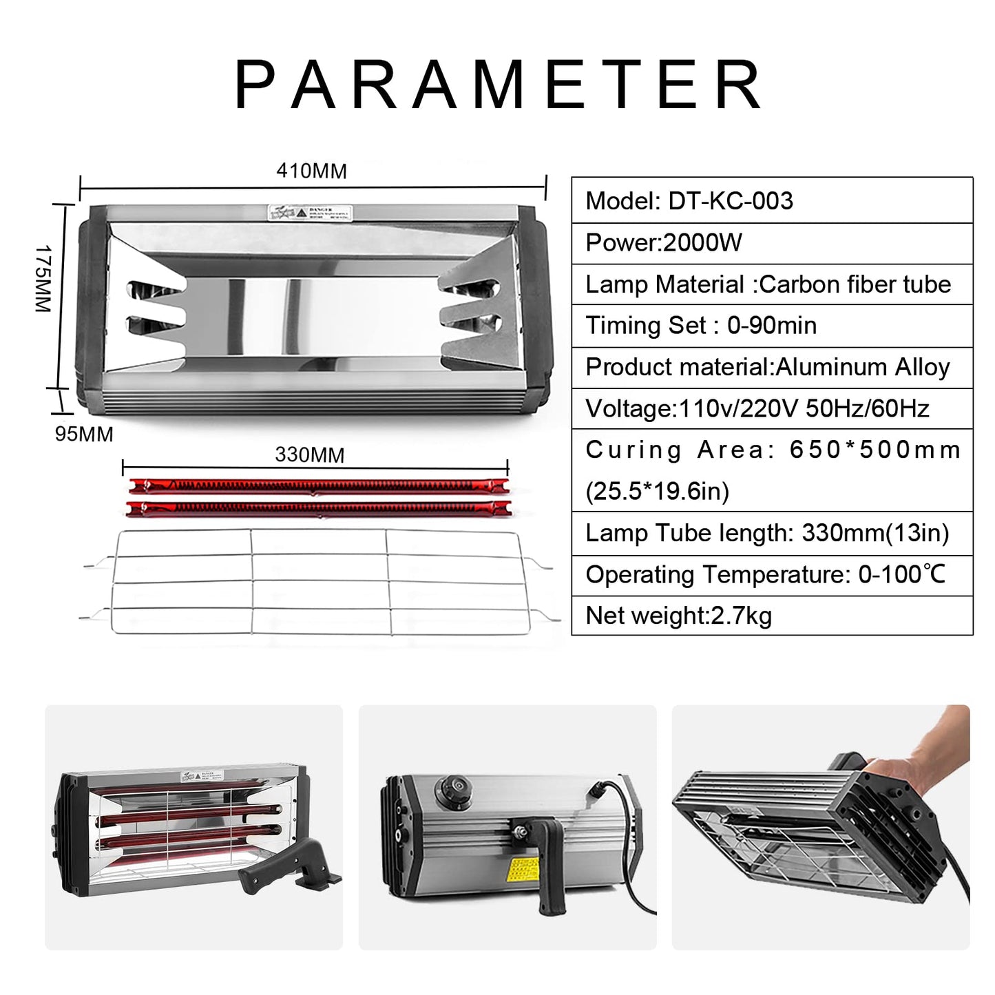 DATOUBOSS Infrared Paint Curing lamp 2000W Shortwave Infrared Paint Dryer Car Body Repair Paint Curing Systems 110V with Bracket