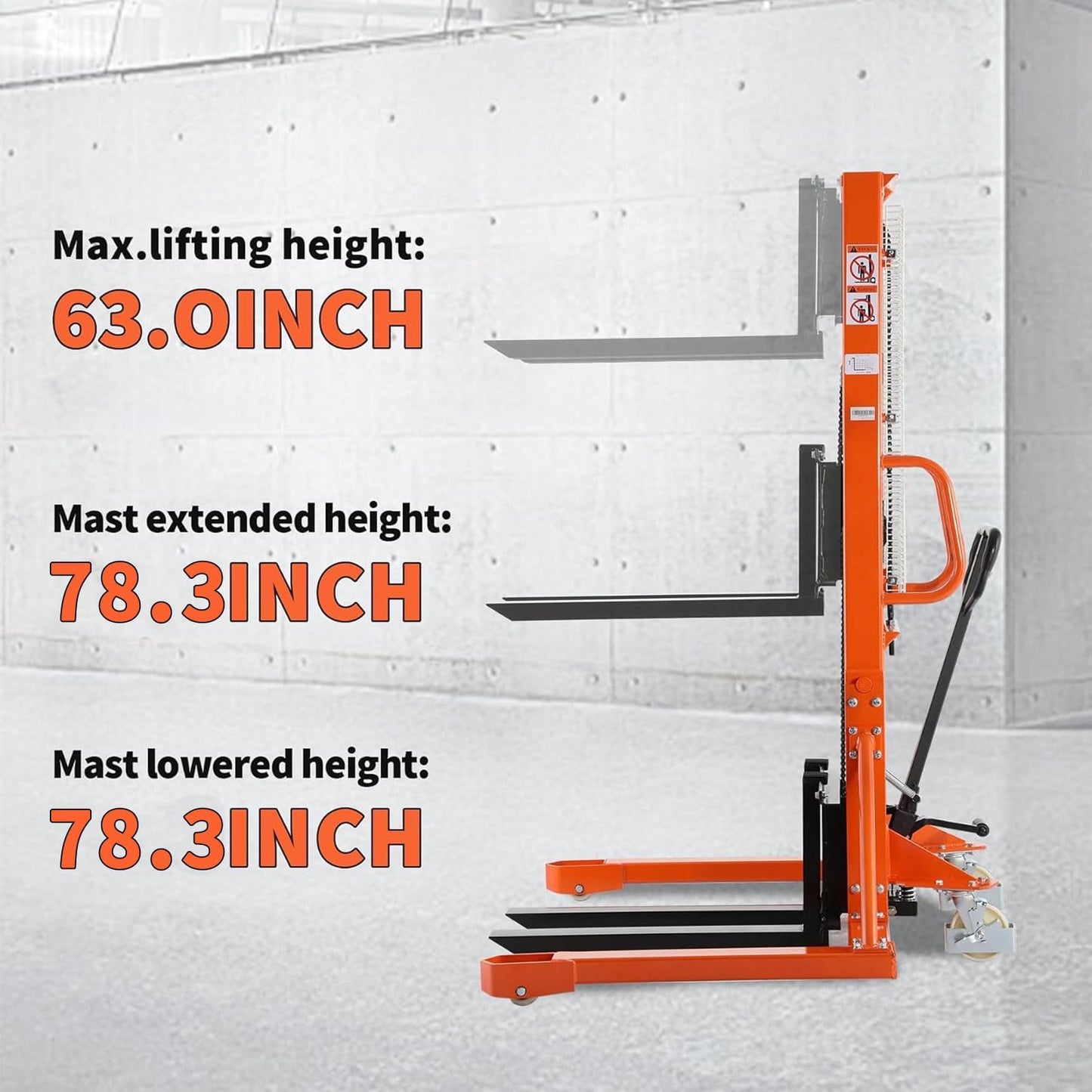 Tory Carrier Manual Stacker Material Lift 63” Lifting Height 1100lbs Capacity with Straddle Legs Hydraulic and Adjustable Forks Forklift