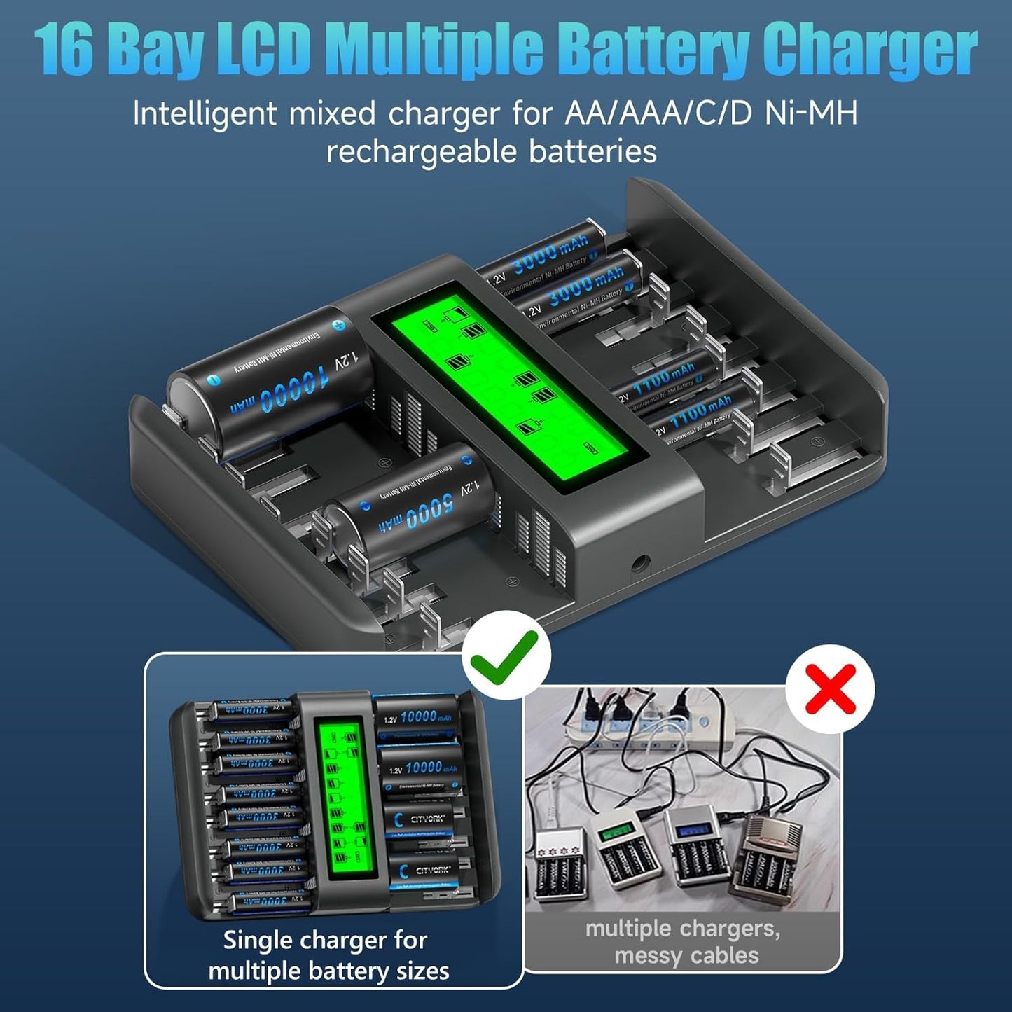 CITYORK 16 1.2V Bay Rechargeable Battery Charger Smart LCD Display for AA AAA C D Ni-MH Ni-CD Rechargeable Batteries