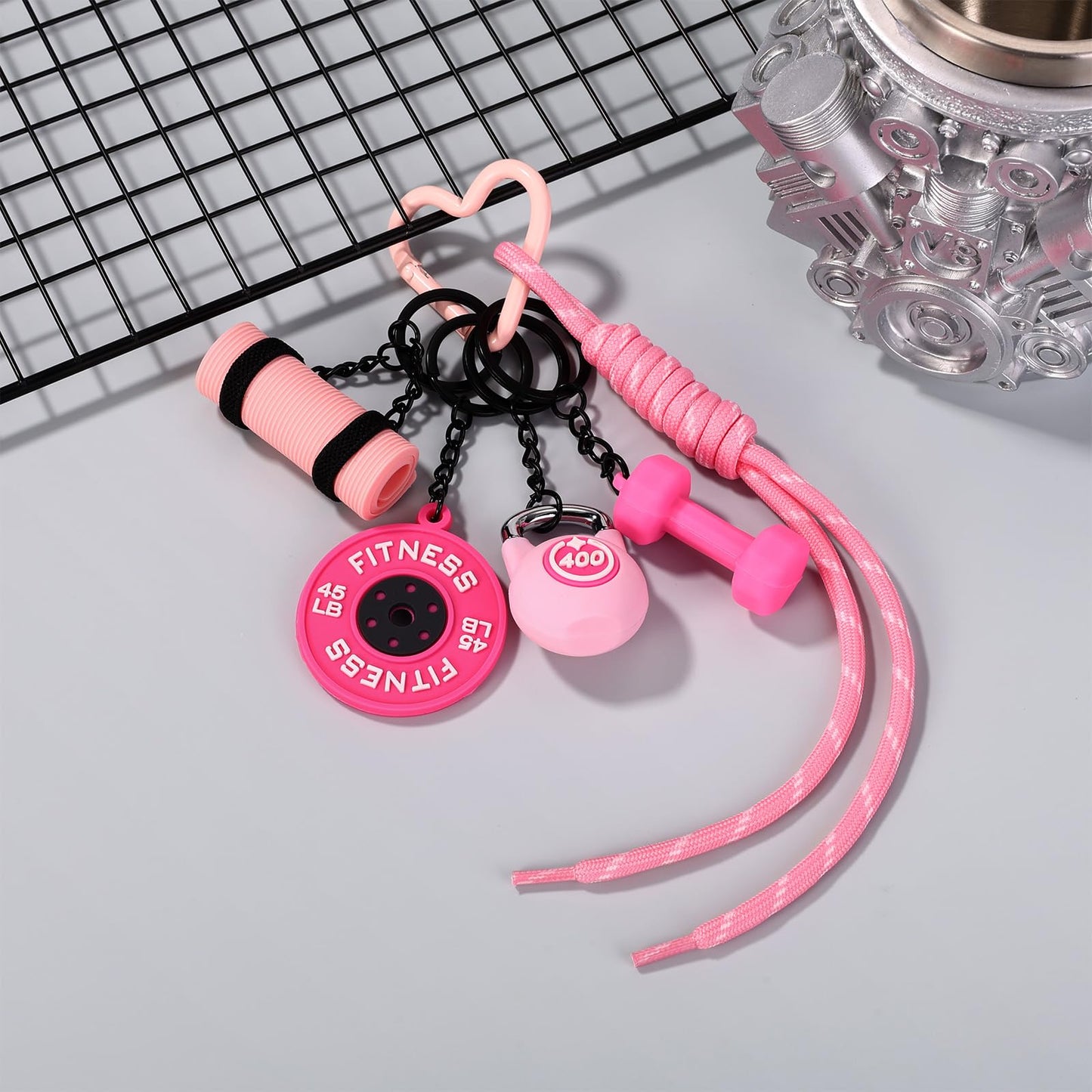 Sinbana Gym Keychain, 5 Styles Pink Dumbbell Kettlebell Barbell Plate Yoga Mat Design Gym Keychain Gift Motivational Fitness Accessories for Men Women Sports Lovers Trainer Friends Family