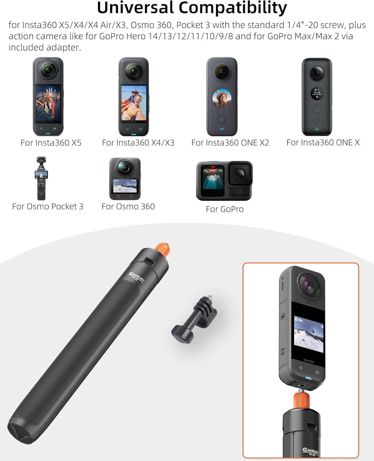 Cakrurt 53.5" Insta360 X5/X4/X3/GO 3s, 360/Pocket 3, Sphra360, 2-in-1 Extendable Selfie Stick Tripod for DJI Osmo Xtra