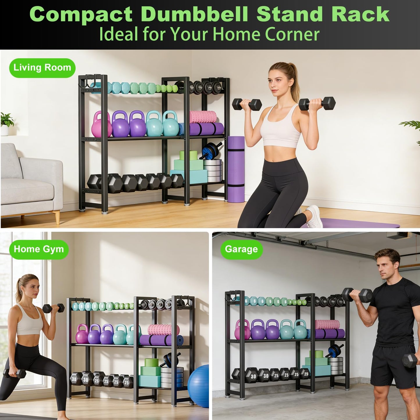 800LBS Capacity Multifunctional Home Gym Storage Rack with Side Hooks, Heavy Duty Adjustable Weight Storage Rack for Dumbbells Kettlebells Yoga Mat, Space Saving Workout Equipment Storage Organizer