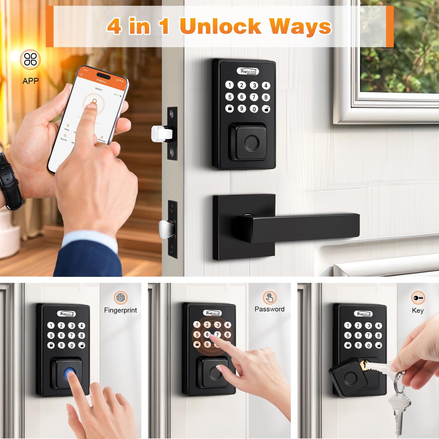 Probrico Keyless Entry Door Lock with Handle, Smart Locks for Front Door, Black Keypad Door Lock with Handle Fingerprint Lock, Electronic Keypad Deadbolt Lever, App Control, Auto Lock