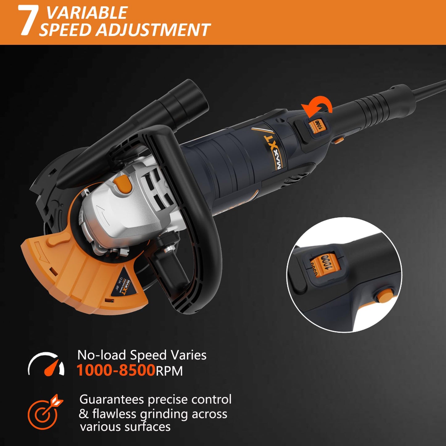 Concrete Surface Grinder Sander 1500W, MAXXT 5 Inch Angle Grinder Set 1000-8500RPM 7 Speed Adjustments, Concrete Sander with Removable Guard for Polishing（Includes 2 Diamond Sanding）