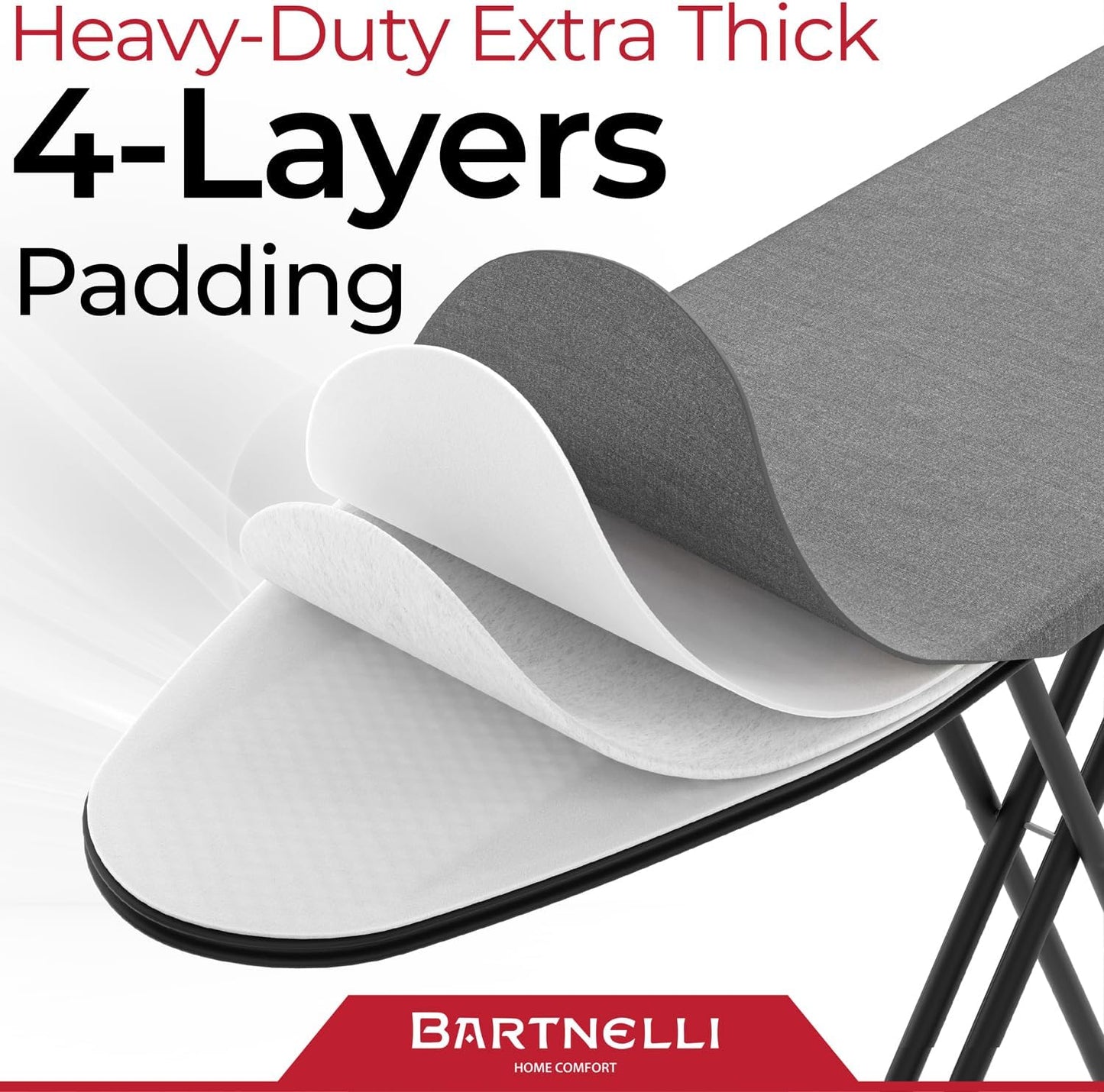 Bartnelli by Rorets Ironing Board - Height Adjustable with 4-Layer Cover & Safety Iron Rest | 43"x13" for Laundry Room or Dorm