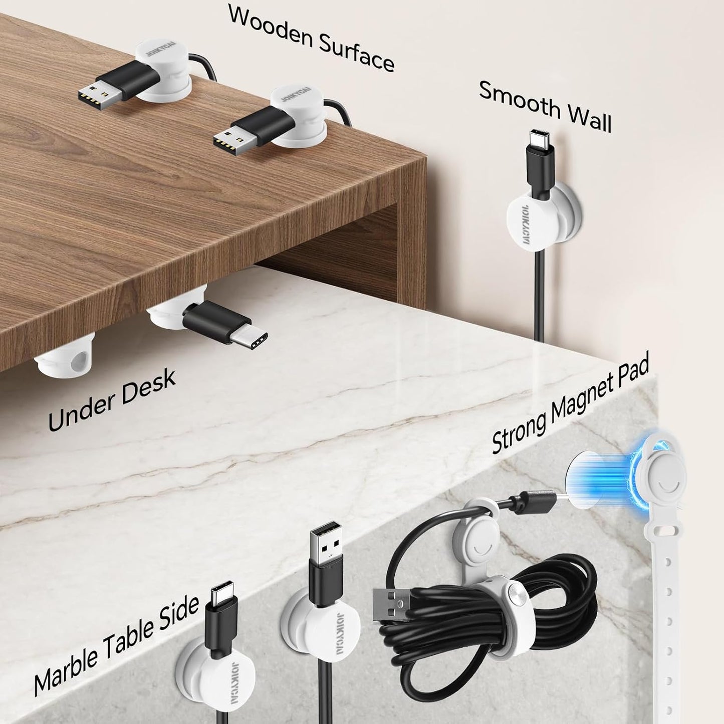 JOIKYCAI 6 5 Rotated Spring Desktop Cord Organizer Magnetic Cable Clip Tie Desk Cable Management Phone Charger Cord