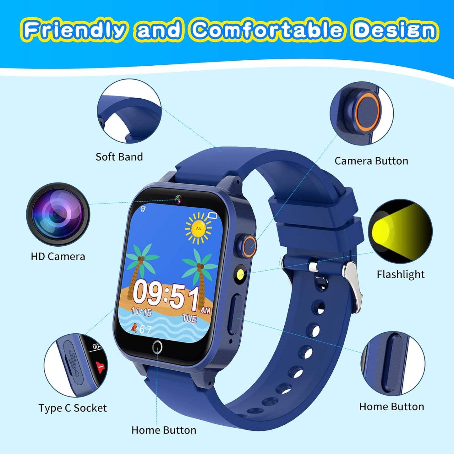 Cosjoype 39 MP3 12/24 4-12 Upgrade Kids Smart Watch for Kids with Puzzle Games HD Camera Video Player Habit Tracking