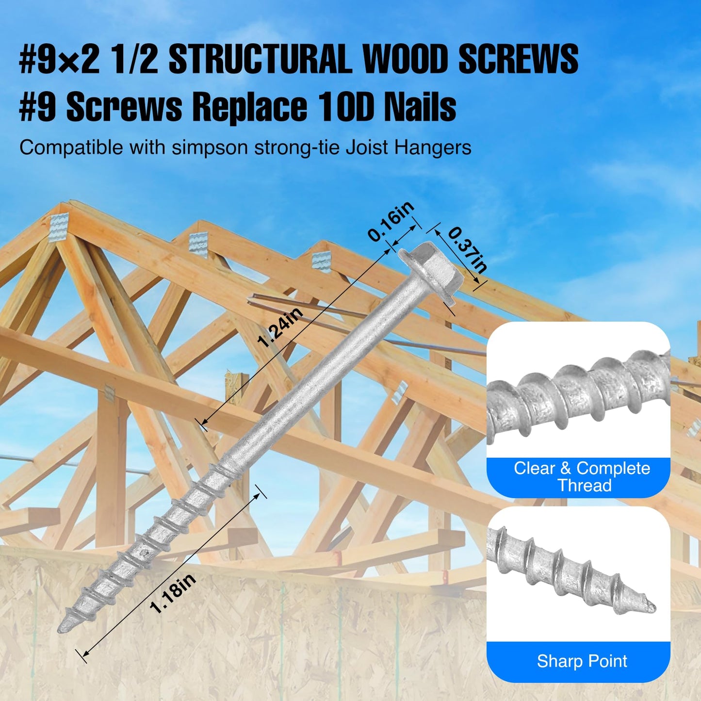 #9 x 1-2/2" Joist Hanger Screws, Silver / 0.370"-Dia Heavy‑Duty Deck Screw, Replace Simpson 9212R500 Connector Screws & 10DNails,1/4" Hex Socket Wood Screws,800pcs