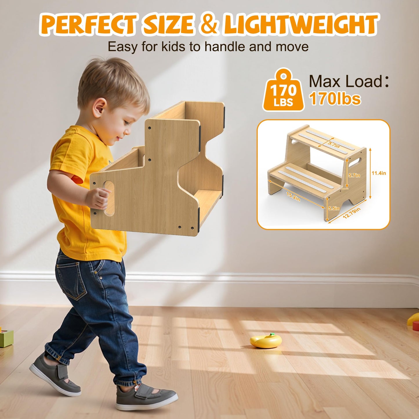 Uiirvdy Step Stool for Toddler, Sturdy Wooden 2-Step Stool with Anti-Slip Surface and Pads for Barthroom, Kitchen, Bedroom, Toilet, and Potty Training - 2 Pack