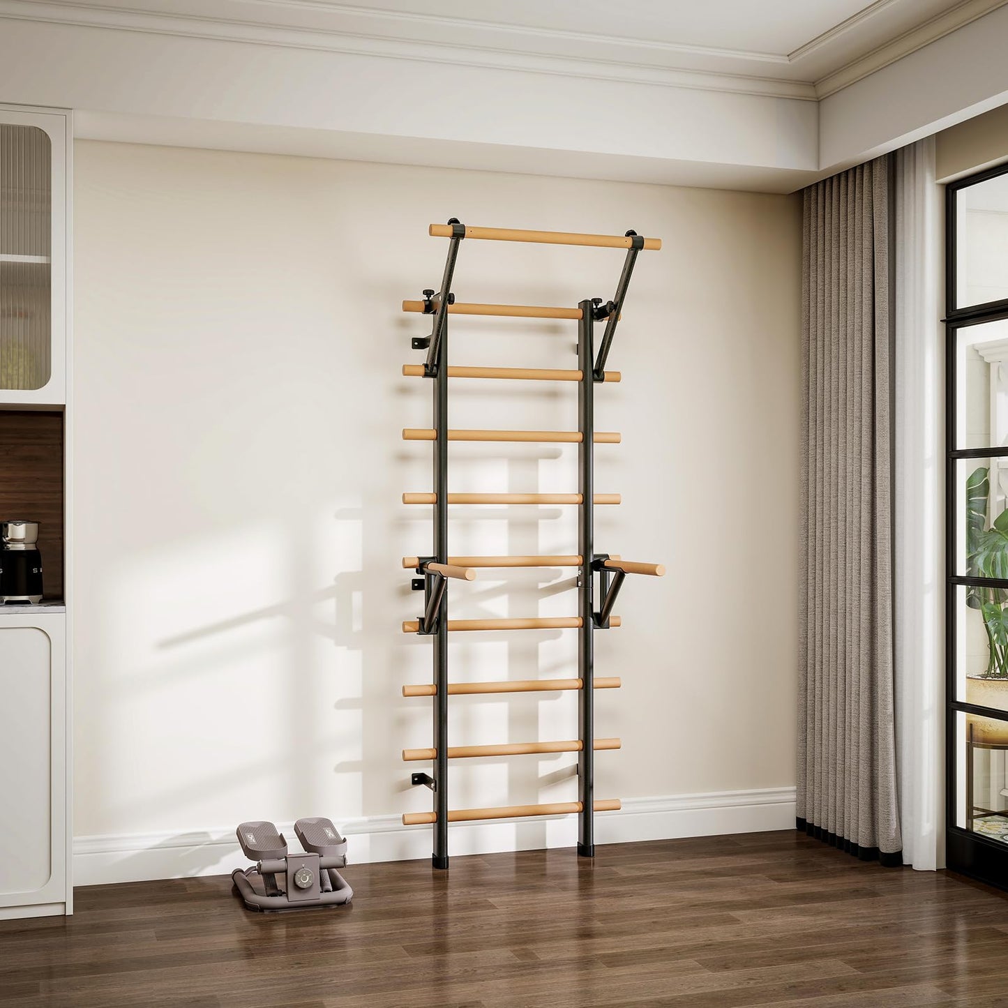 DHT Swedish Ladder, Wall Bars, Stall Bar Suspension Trainer with 9 Strategic Rods, for Fitness Home, Gym, School, Clinics and Gymnastics