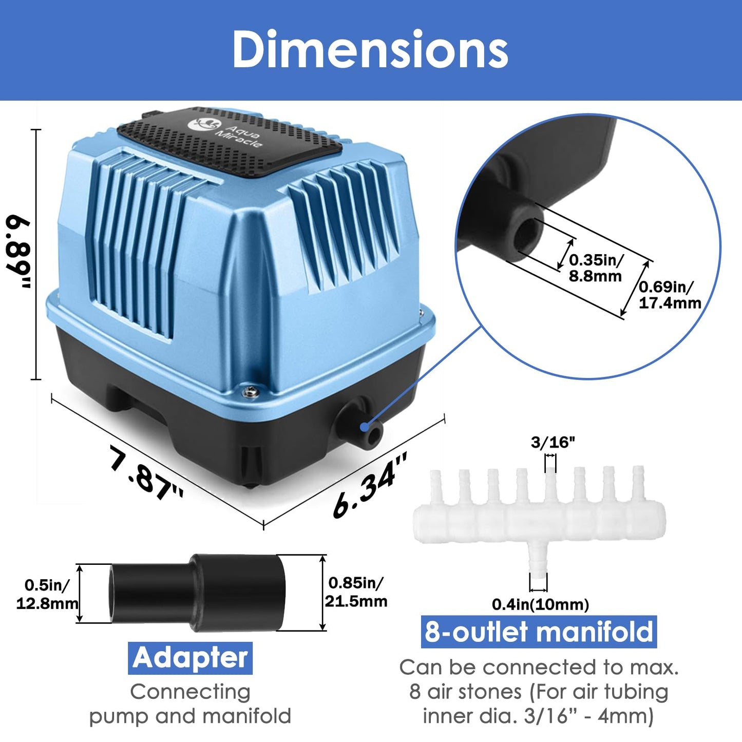 AquaMiracle Super Powerful Linear Air Pump AP-60 Pond Aerator, 950GPH Koi Pond Air Pump Septic Aerator, for Hydroponic, Waste Treatment, Fish Farm, Seafood Restaurant