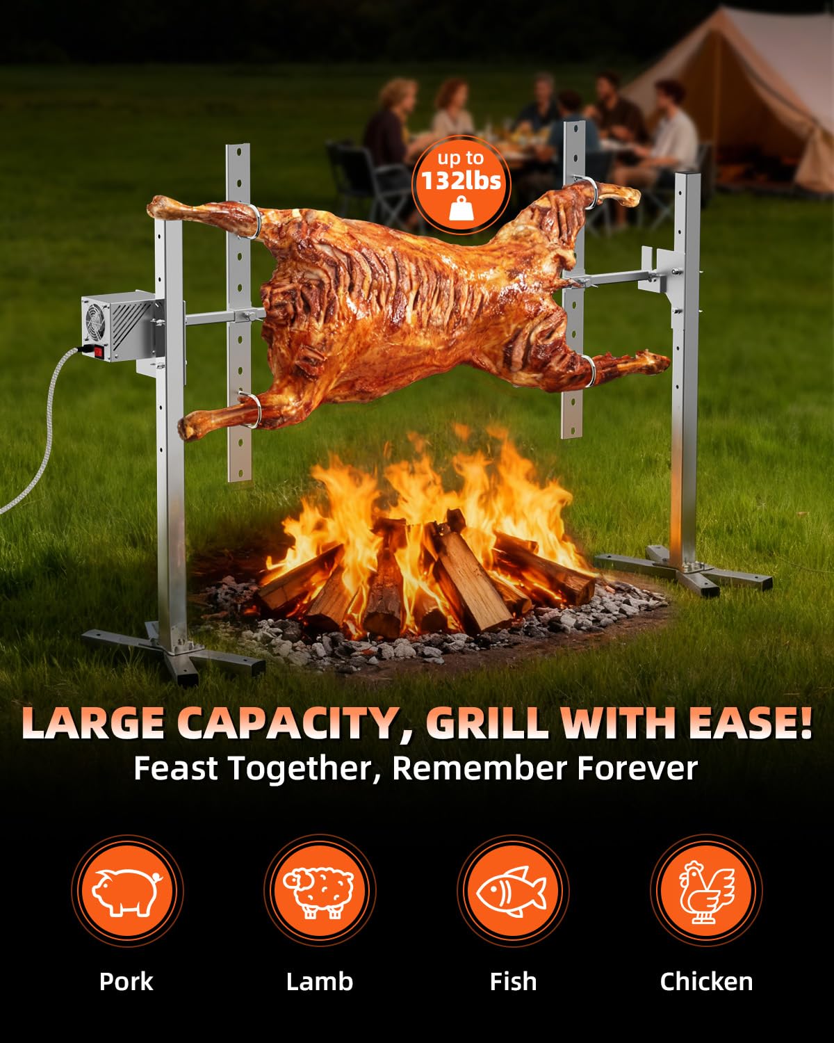 Rotisserie Grill Kit, 47" 132 lbs Capacity, Automatic 28W Motor Electric Height Adjustable Universal Roaster Stand, Stainless Steel Grilling Kit for BBQ Pig Rotisserie Hog Lamb Outdoor Party Campfire