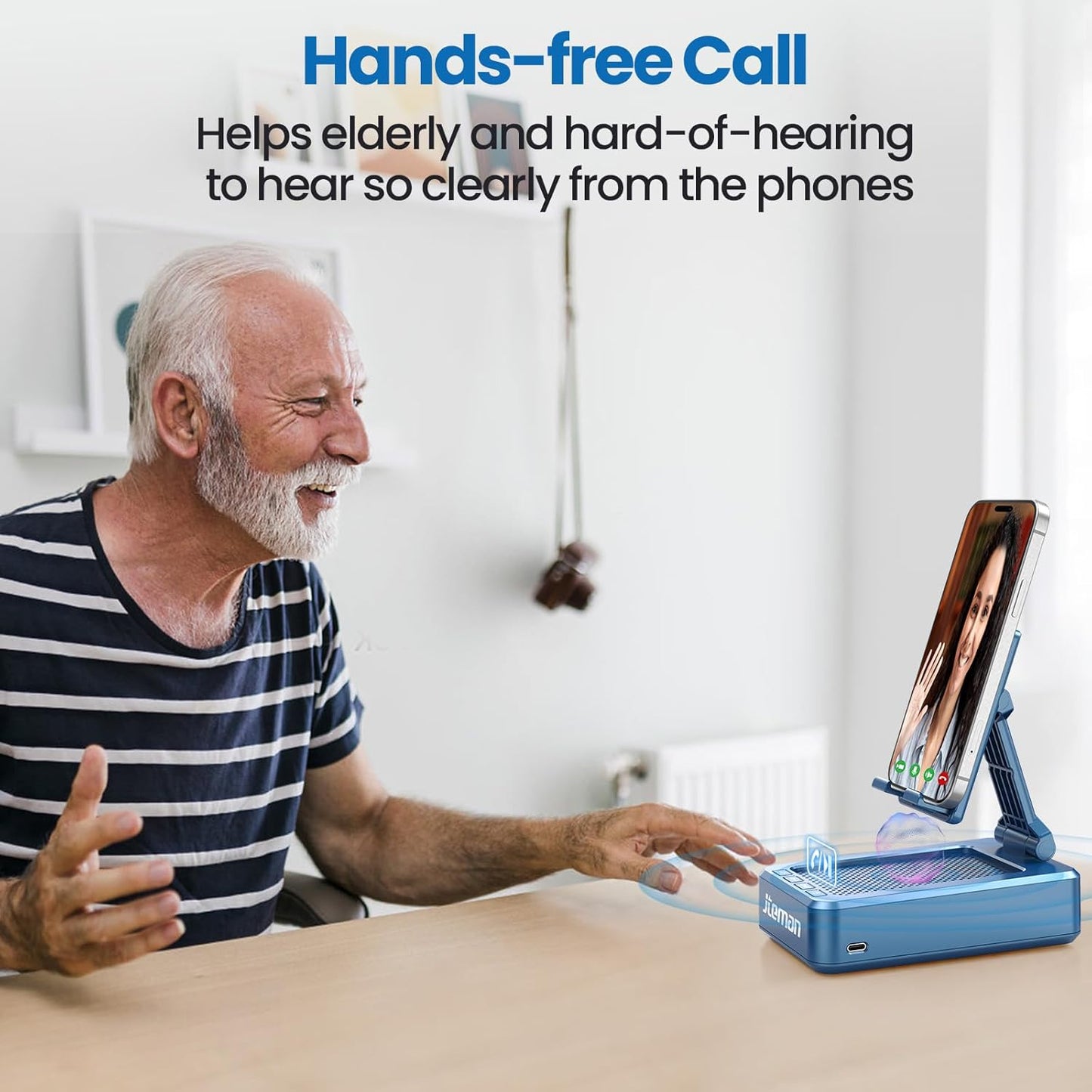 JTEMAN Cell Phone Stand with Bluetooth Speaker, HD Stereo Sound & Anti-Slip Base, Foldable Adjustable Desktop Phone