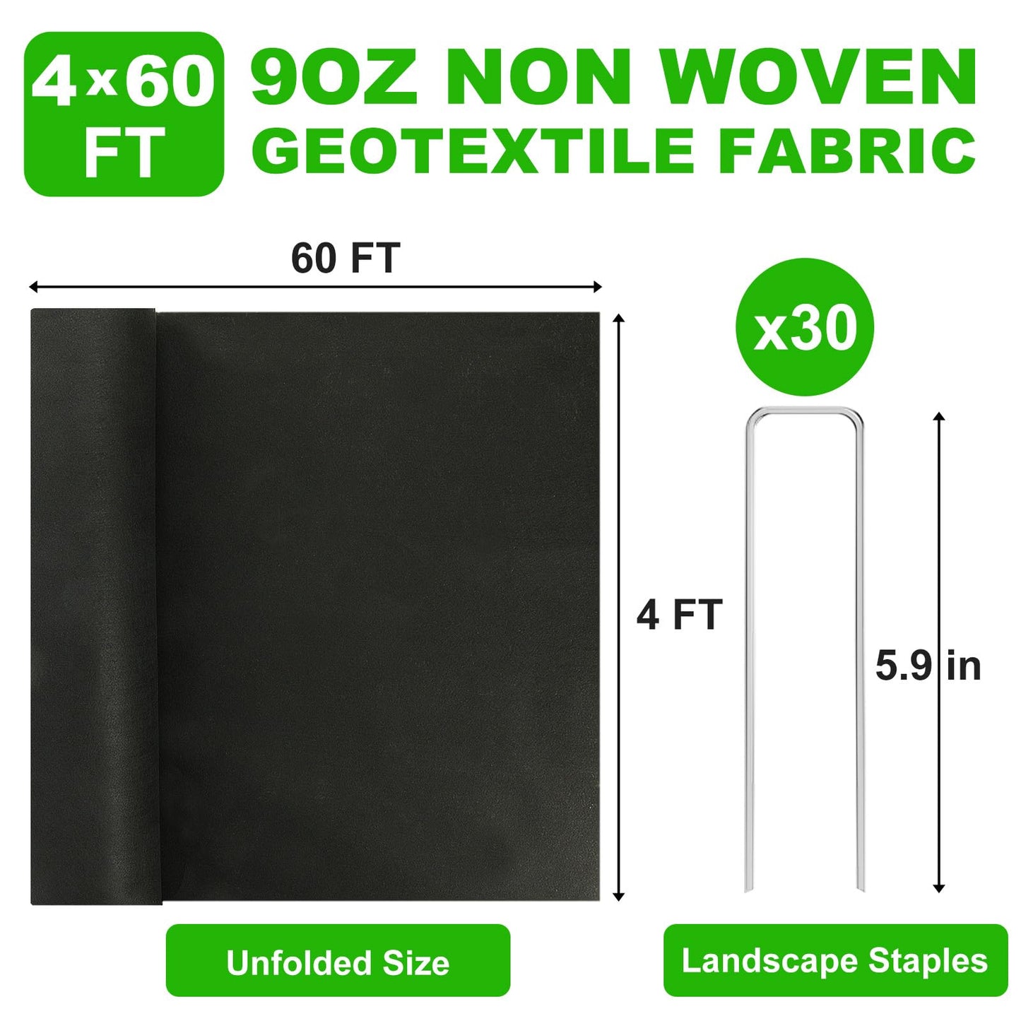 9oz Non Woven Geotextile Fabric with Stakes for French Drains, 4x60FT High Permeability Drainage Fabric Heavy Duty Landscape Fabric for Gravel Grid, Garden, Flower Beds, Weed Control, Erosion Control