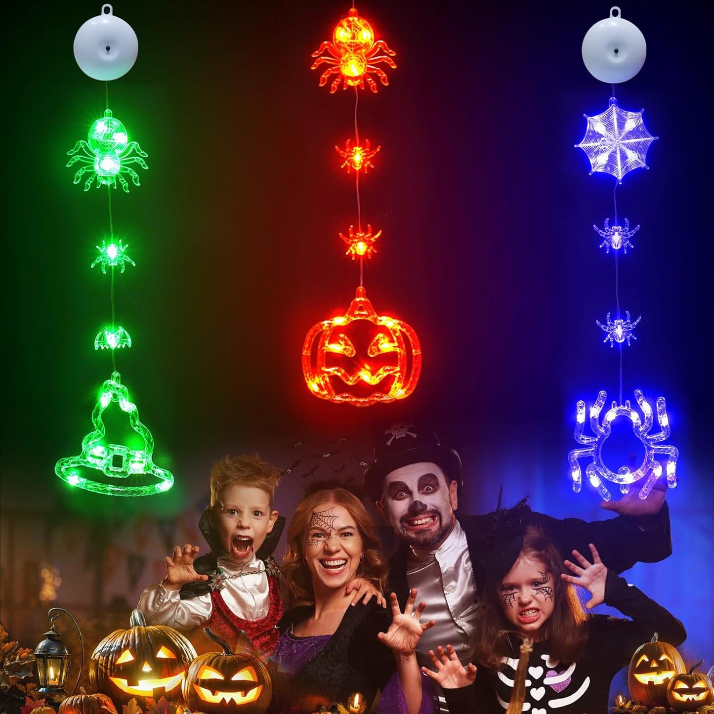 Suddus Halloween Lights - 3 Pack Battery Operated with Timer | Orange Pumpkin, Violet Spider & Green Witch Hat Decor