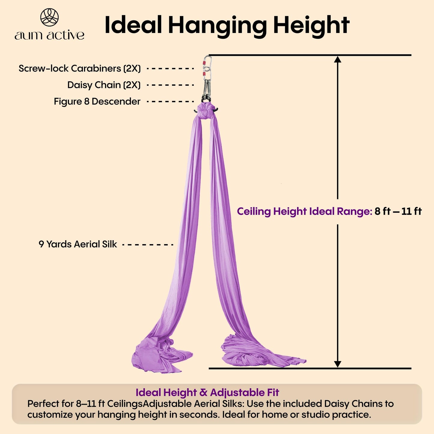 Aum Active Aerial Silks Starter Kit - Durable 9 Yards of Aerial Yoga Hammock with Hardware & Guide - Aerial Swing for Acrobatic Flying Yoga & All Levels (Aerial Rigging Point Up to 13ft)
