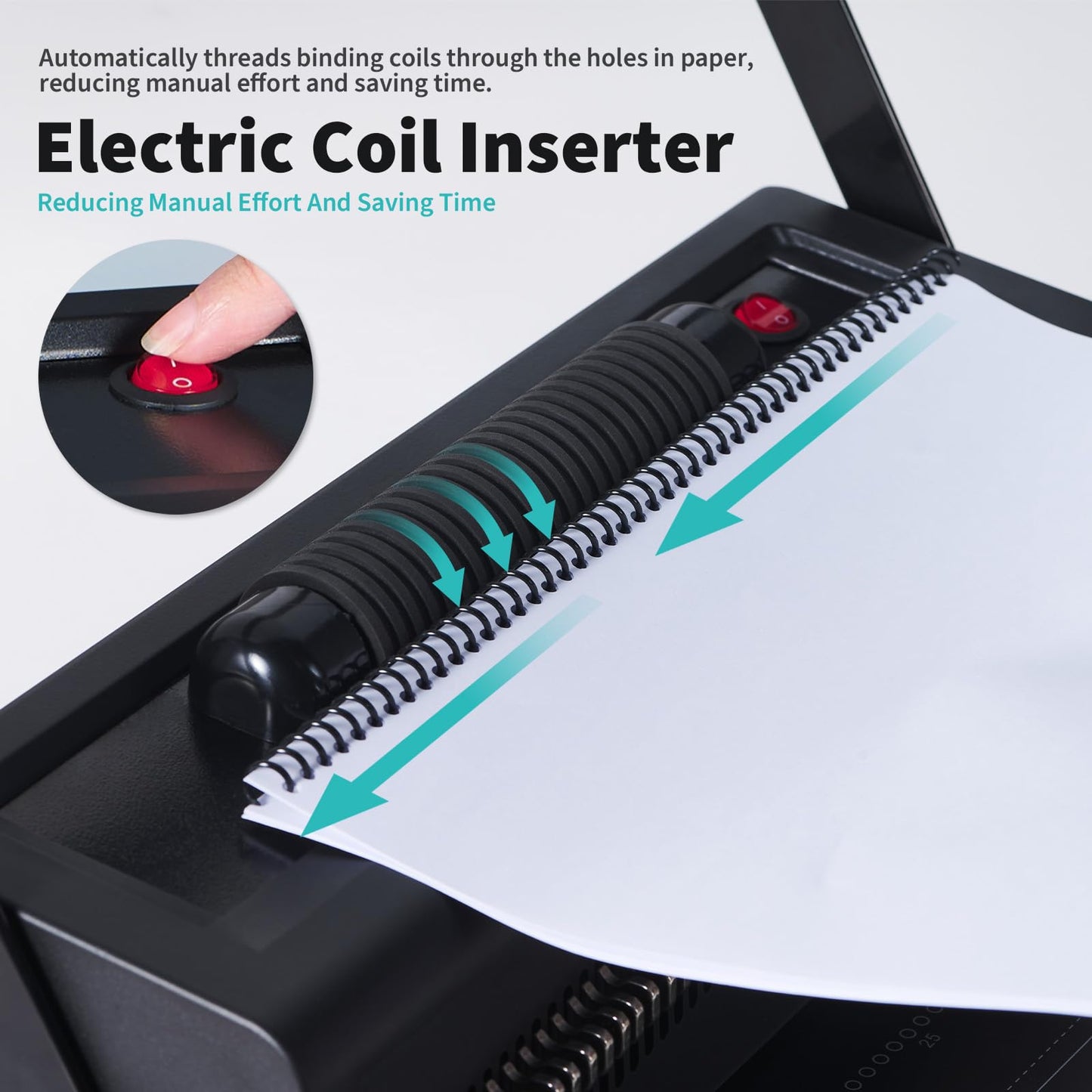 Binditek Spiral Binding Machine, Manual Punch & Electric Coil Inserter, 46 Disengageable Dies, Adjustable Side Margin, with 100 Pack 8Mil PVC Covers, 100 Pack 5/16'' Coils and Plier