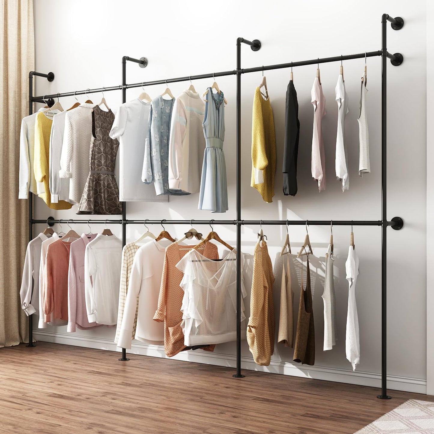 ORSENIGO Industrial Pipe Clothing Rack, Heavy Duty Metal Clothes Rack with Double Rods for Hanging Clothes, Wall Mount Space-Saving Garment Display Rack (Three, Black)