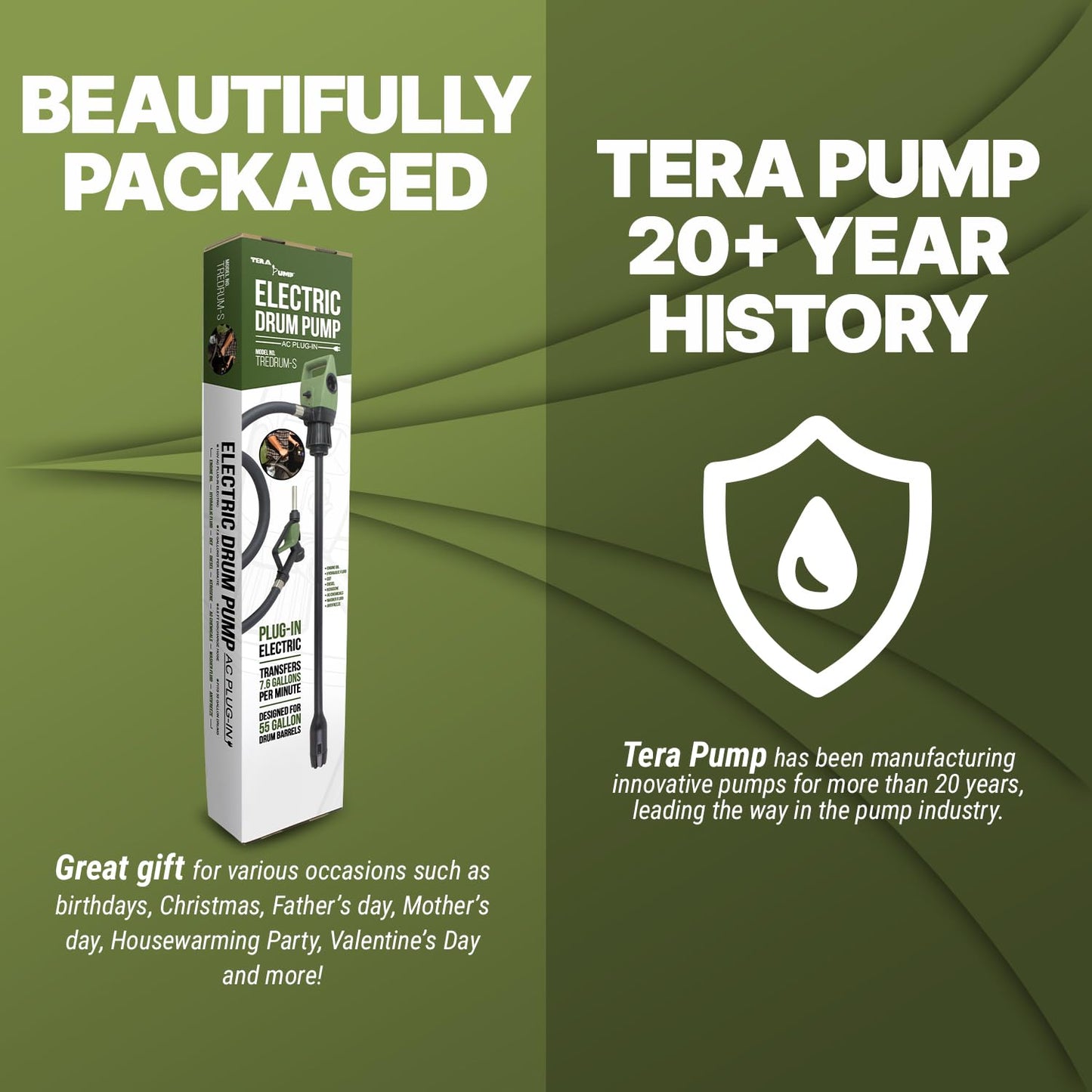 TERA PUMP Electric DC20V Drum Transfer Pump, Intake Filter-equipped, 55 Gallon Drums, Flow Control Nozzle, 7.6 Gal/Min