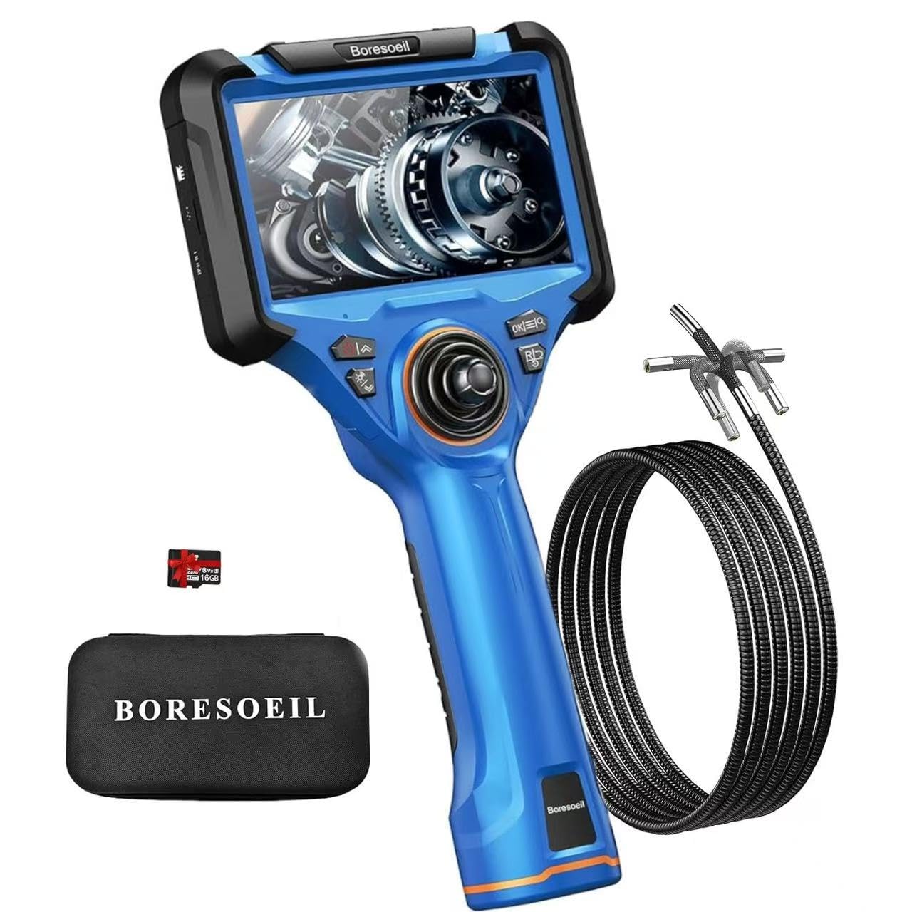 Boresoeil 360° Articulating Borescope with 0.25 in Slim Probe, 5" HD 4-Ways Industrial Endoscope Camera with Light, Articulated Flexible Snake Camera for Plumbing & Machinery Inspection